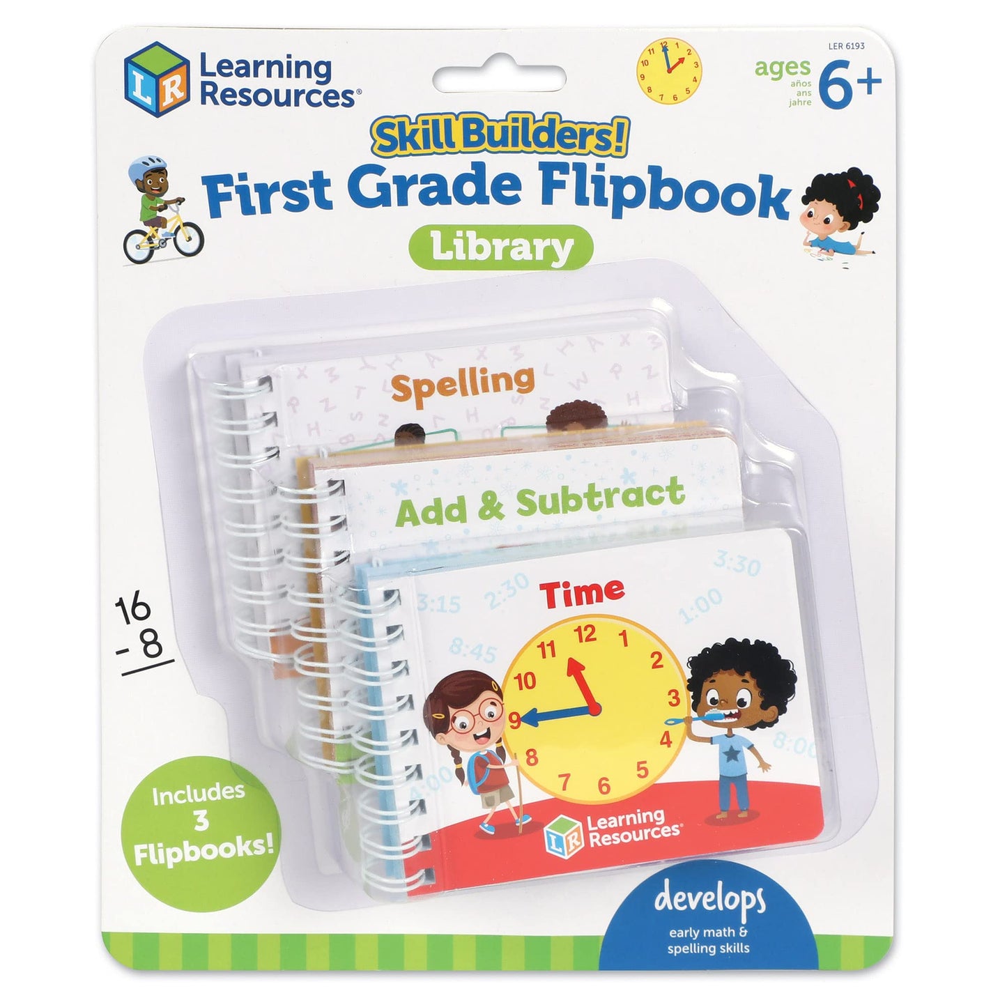 Learning Resources Skill Builders! First Grade Flipbook Library - 3 Pieces, Ages 6+, Math and Spelling Activities for Kids, First Grade Must Haves