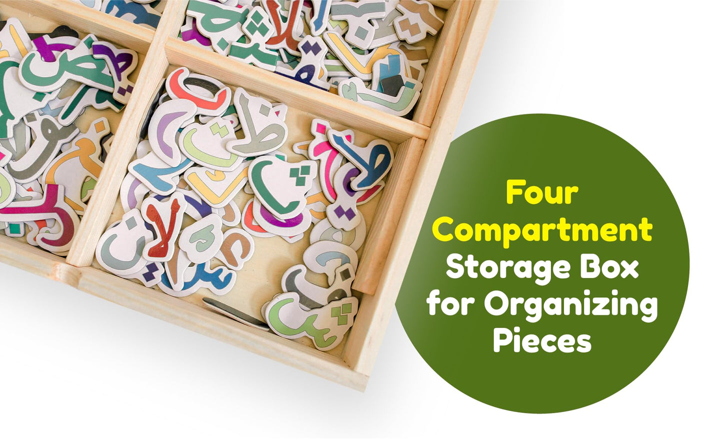 ILM Toolbox Build-A-Word Magnetic Arabic Letter Alphabet Set for Kids, 143 Wooden Arabic Letters in a Wooden Storage Box with Dry Erase Board