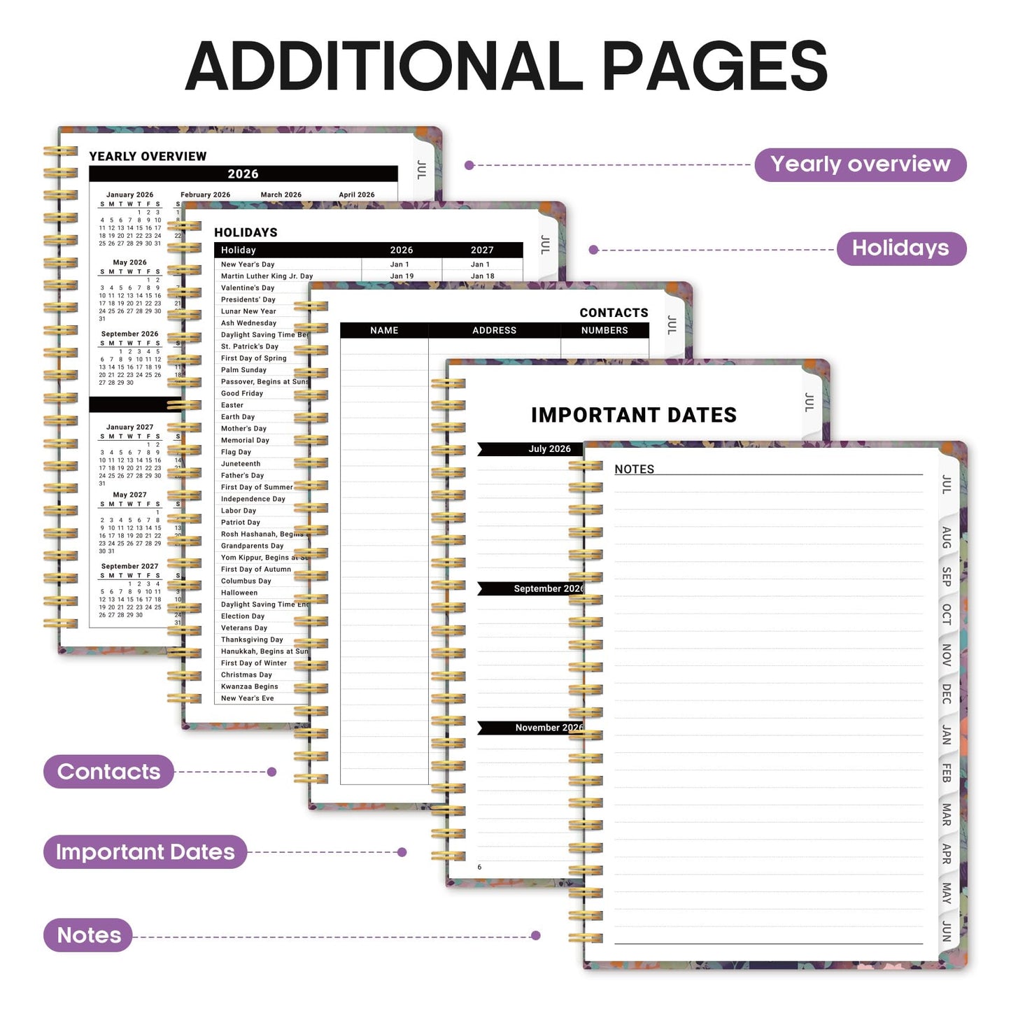 Planner 2026-2027, Academic Year Weekly and Monthly Calender Planner, from Jul 2026 - Jun 2027, Spiral Bound School Planning Book, Perfect for Teacher, Student, Women & Men, A4 (8.5" x 11"), Lavendar Floral