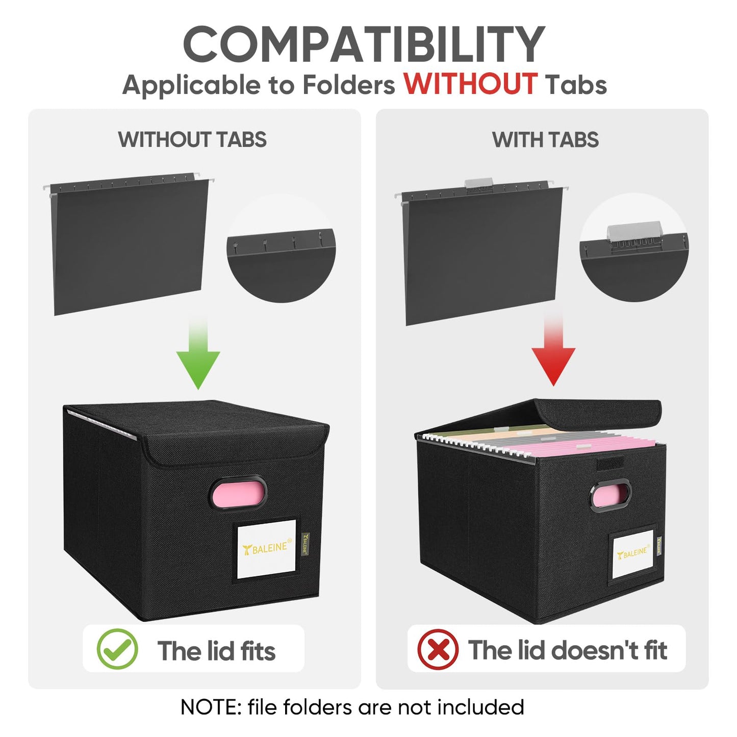 BALEINE File Organizer Box with Lid, Collapsible File Folder Organizer with Plastic Slide, Hanging File Folder Box for Office Document Storage (1 Pack, Black)