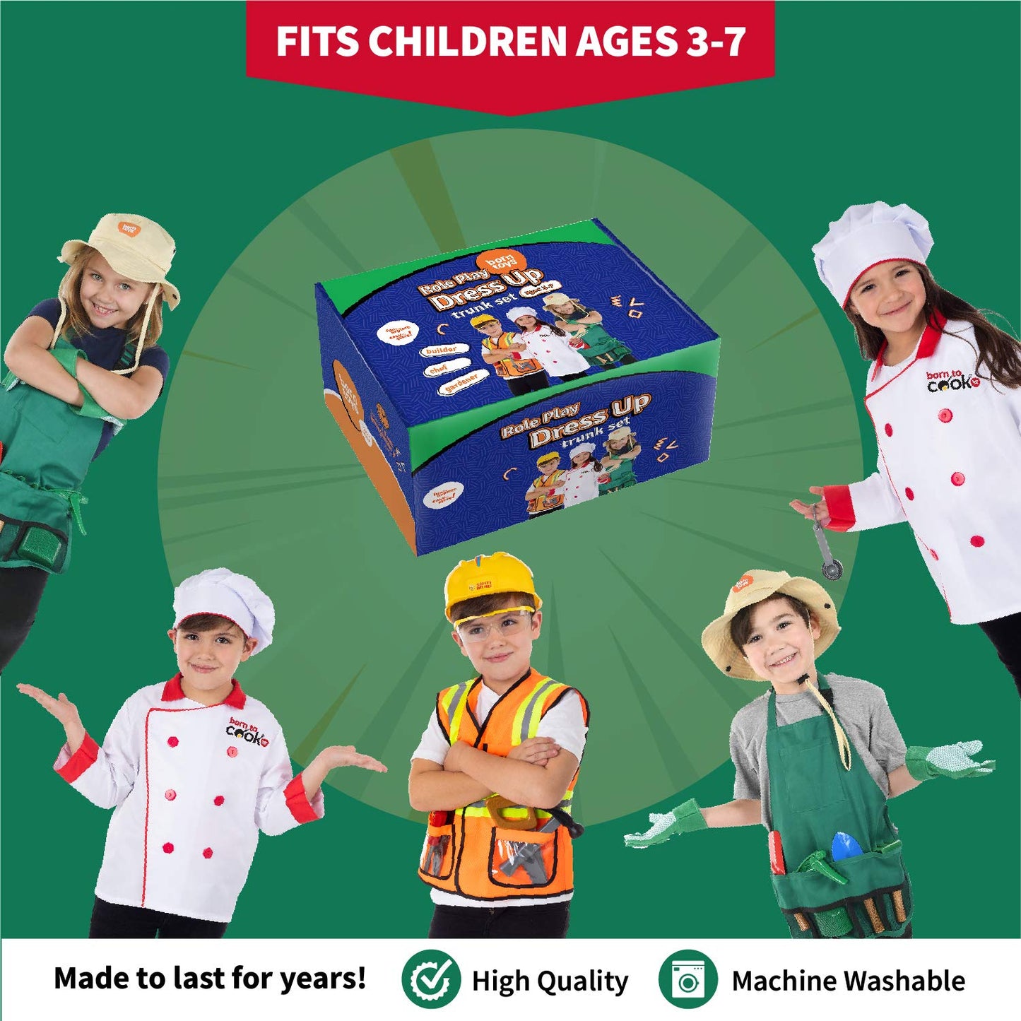 Born Toys 3-in-1 Toddler Dress Up Clothes for Boys & Girls Ages 3-7, Chef, Construction and Gardener Costumes for Kids with Working Pretend Play Toy Accessories, Career Outfit Set, Gift Ready