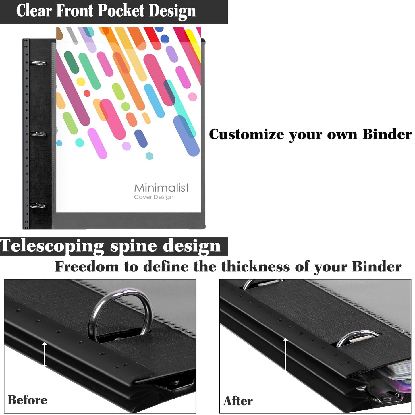 INFUN 1 Inch 3-Ring Telescoping Project Organizer Binder,13 Pocket, Customizable Front Cover, 5 Colors Pocket Divider and Plastic Binder Pocket，225 Sheet Capacity-Black