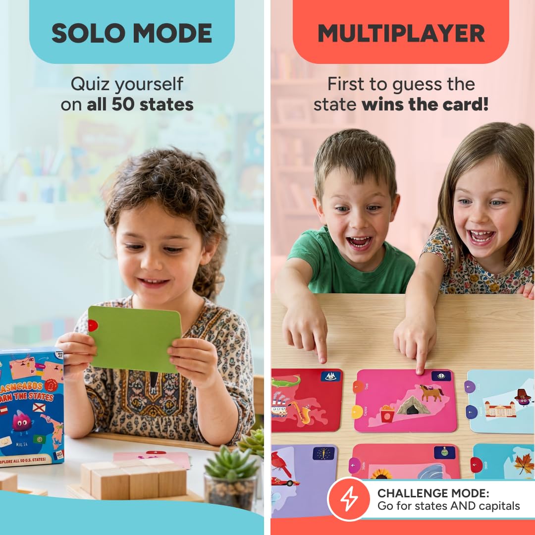 Kidrox Flashcards: Learn the 50 U.S. States – Pull-Tab Geography Game for Kids Ages 6+ | State Maps, Flags & Capitals | Includes U.S. Map Poster