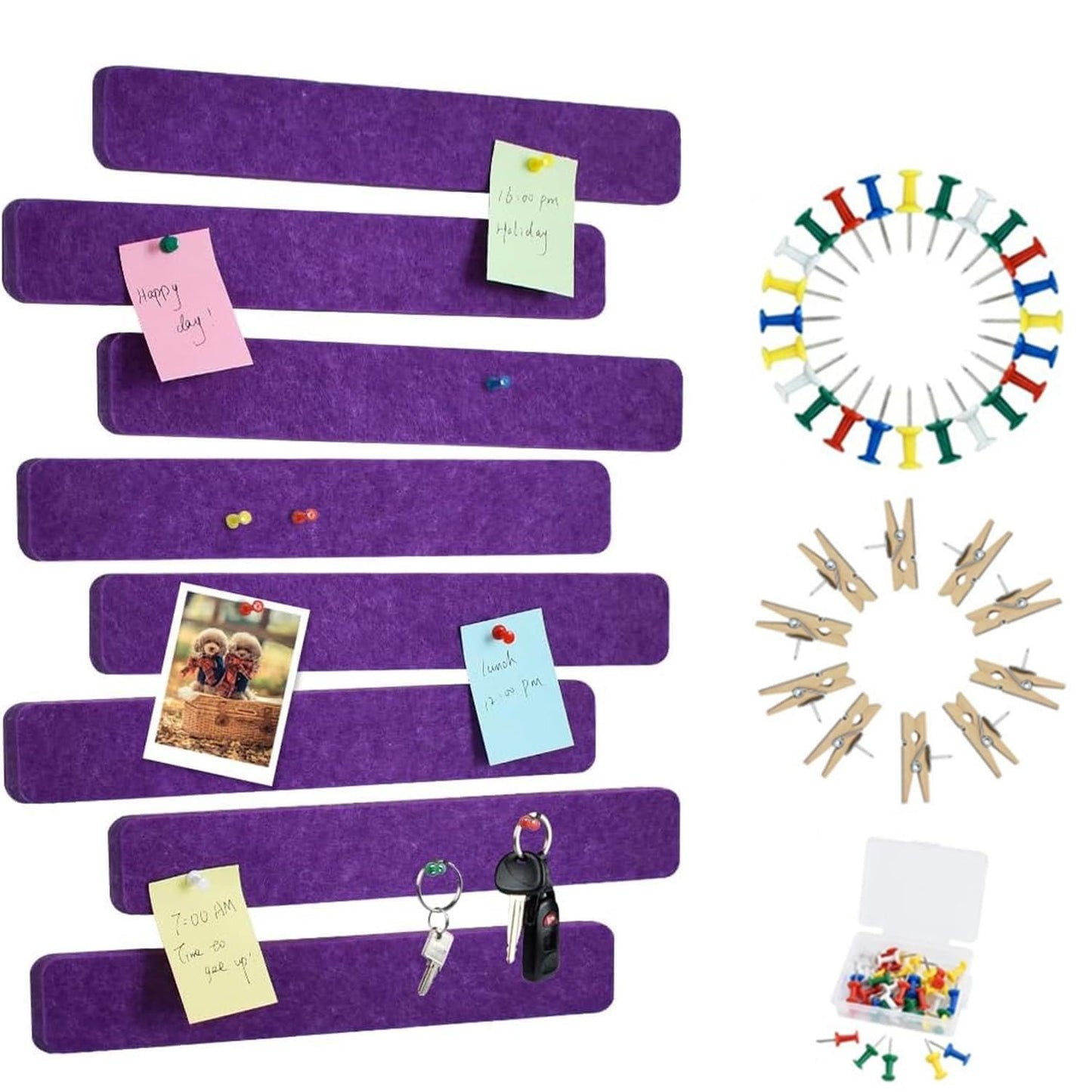 Vuzvuv 8 pcs Bulletin Board Bar Strips with 50 Pushpins & 10 Wooden Clip pins，Self Adhesive Cork Board for Wall，Felt Pin Board for School，Office Decor(Purple)