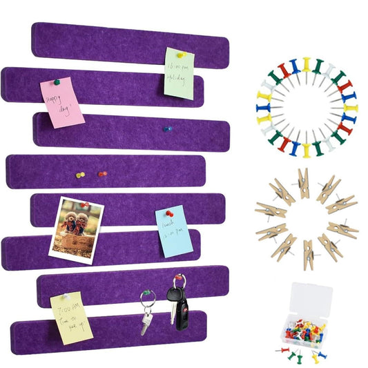 Vuzvuv 8 pcs Bulletin Board Bar Strips with 50 Pushpins & 10 Wooden Clip pins，Self Adhesive Cork Board for Wall，Felt Pin Board for School，Office Decor(Purple)