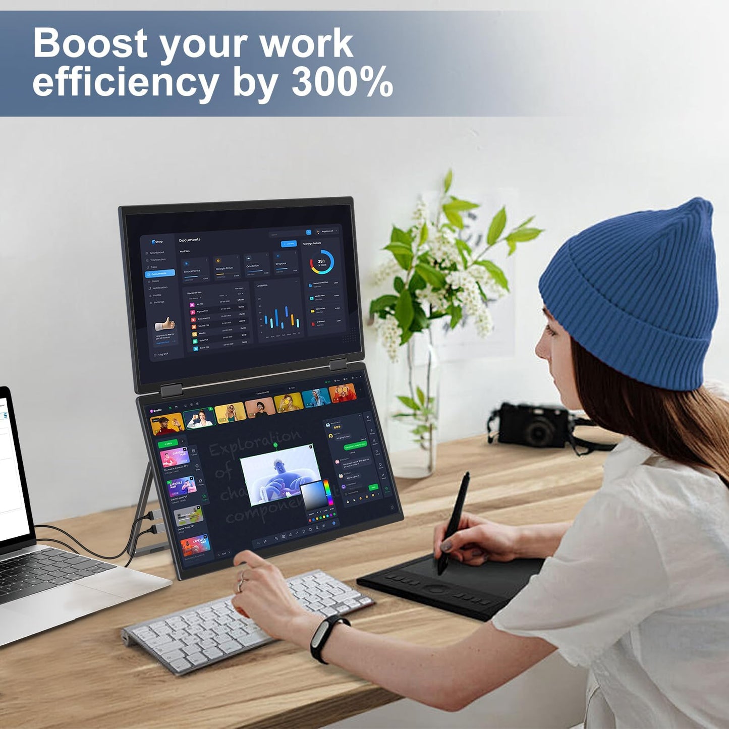 InnoView Portable Dual Monitor 15.6" 1920x1080 Dual Stacked Foldable Monitor | 315° Screen Adjustment | USB-C/HDMI Second Monitor for Laptop, Mac, Windows