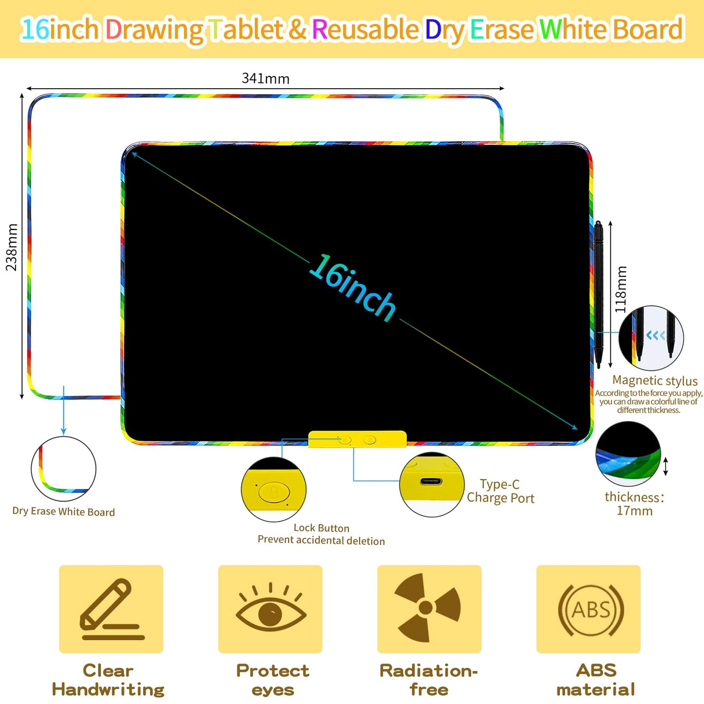 16 Inch 2-in-1 LCD Writing Tablet for Kids with Magnetic Whiteboard Back,Double-Sided Drawing & Learning Board, Reusable Doodle Pad for Toddlers,Educational Toy for Travel & Preschool