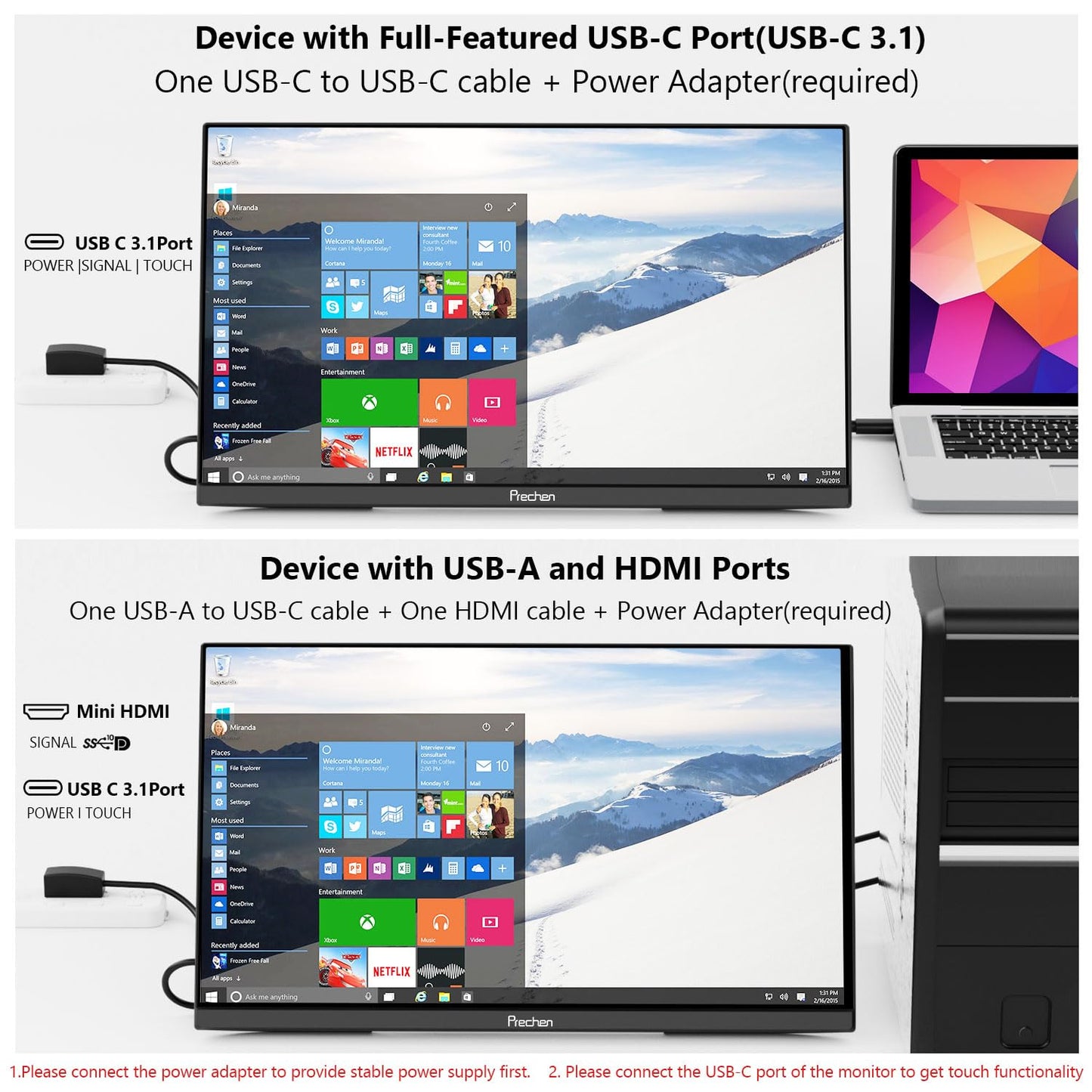 Prechen 23.8 Inch 2K 100Hz Large Portable Touchscreen Monitor 100% sRGB IPS Portable Touch Display QHD w/90° Adjustable Stand USB-C HDMI Laptop Monitor Desktop 2560X1440