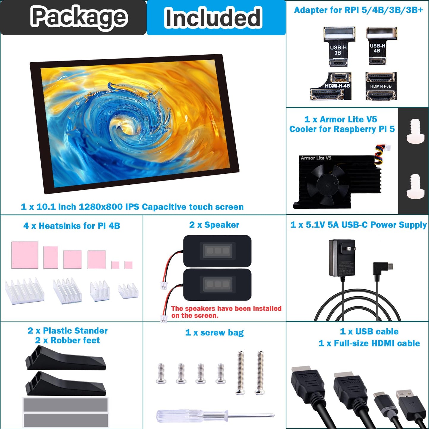 GeeekPi 10.1 inch Capacitive Touchscreen for Raspberry Pi, HDMI Monitor IPS 1280X800 LCD Display with Dual-Speaker for Raspberry Pi 5/4B/3B+/3B/B+, with Mount Hole to Install Raspberry Pi Board