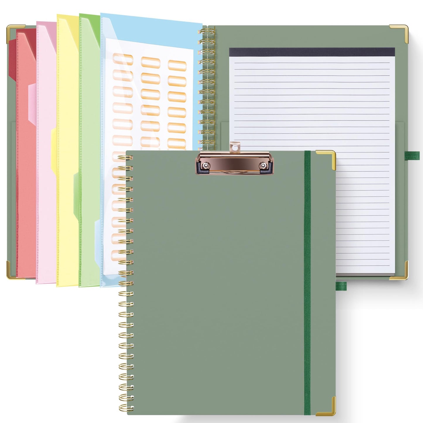 HAUTOCO Clipboard Folio with Refillable Notepad for Letter Size (11" x 8.5"), 5 Dividers with 10 Pockets, Elastic Pen Holder and File Folder Labels, Spiral Nurse Clipboard Artboard(Green)