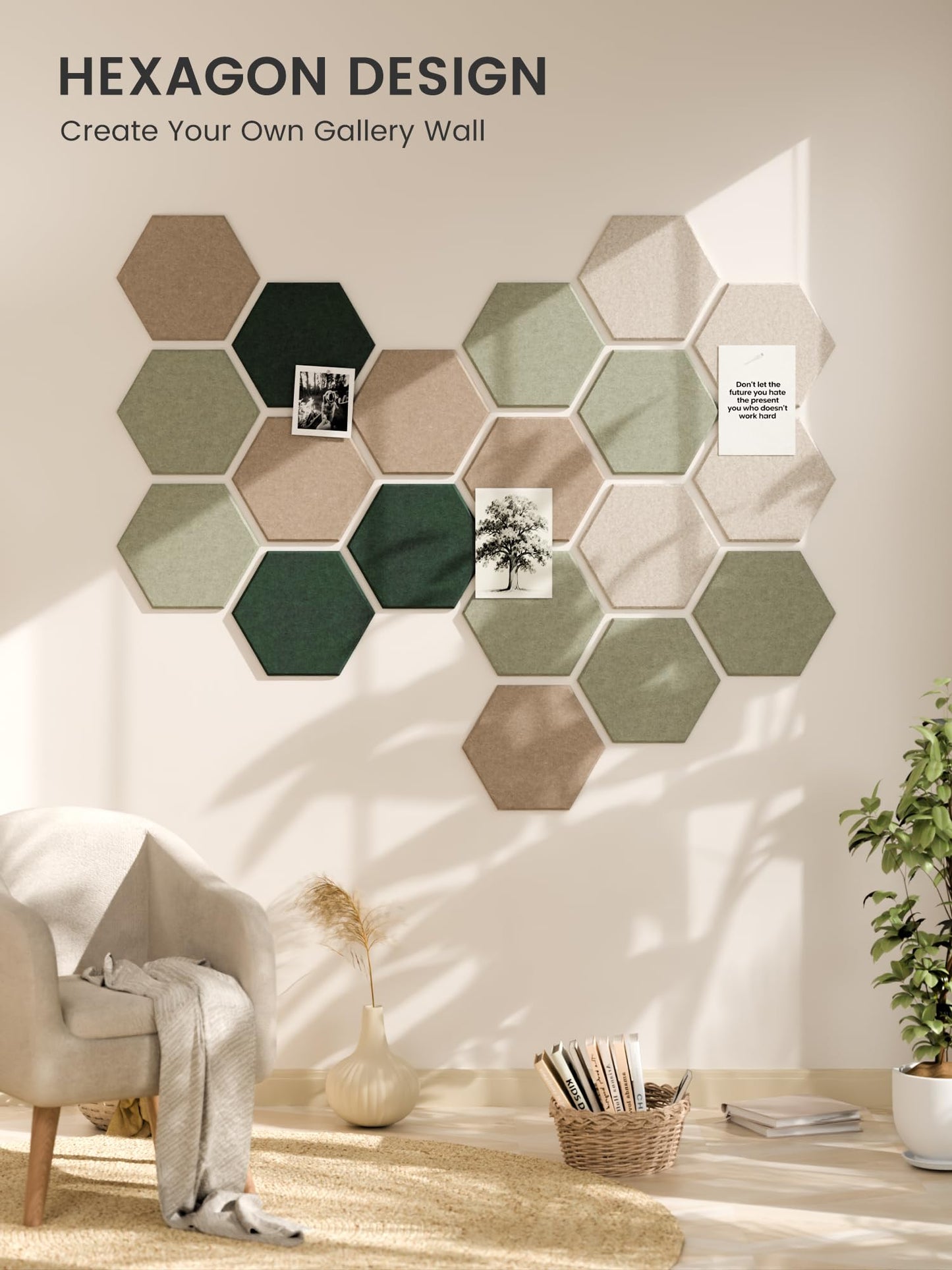 Fluxynara Hexagon Cork Board Alternative for Walls Decor-8-Pack Felt Bulletin Board Tiles,with 30 Pushpins,50 Adhesive Tabs for Office,Classrooms & Home Pin Board Felt Board-Nordic Moss