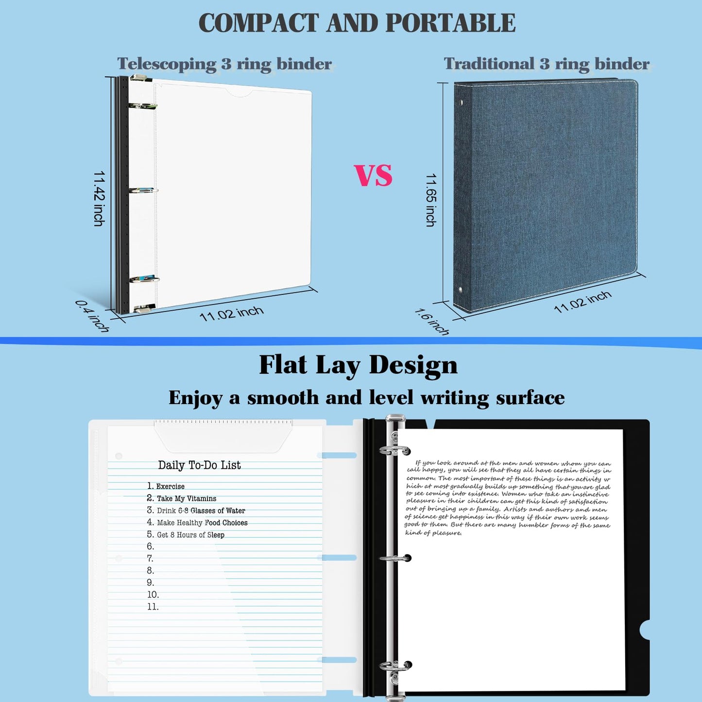 INFUN 1 Inch Telescoping 3 Ring Binder - 6PCS, Flexible Round Binder with Customizable Front Cover and Clear Catalog Pocket, 1Inch Rings, 225 Sheet Capacity-White