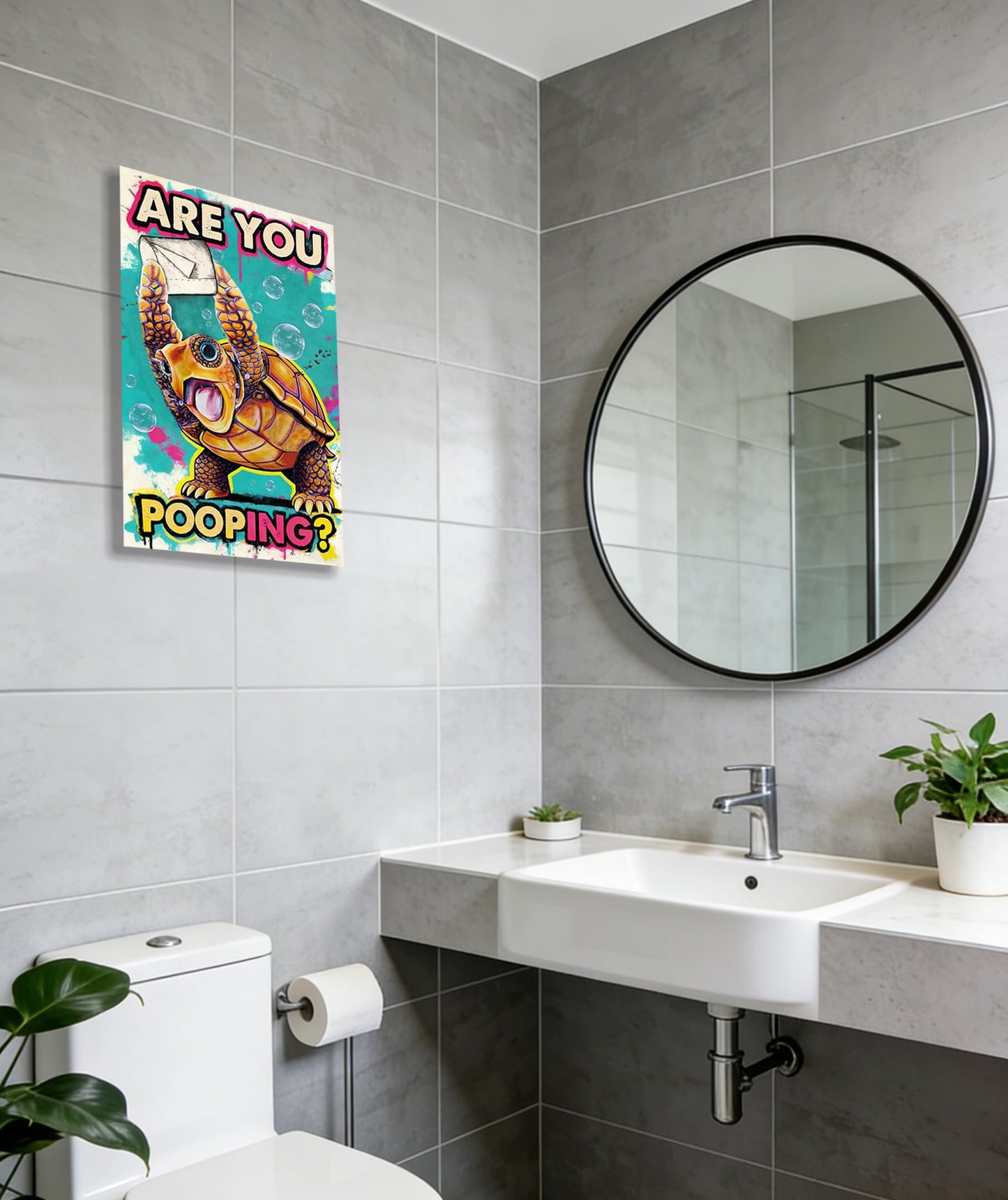 Funny Turtle Bathroom Wall Art Painting, Are You Pooping? Graffiti Humor Canvas Print, Teal Pop Art Bathroom Poster Decor, 12x16 Inch Framed Wall Picture for Bathroom Restroom Toilet Washroom