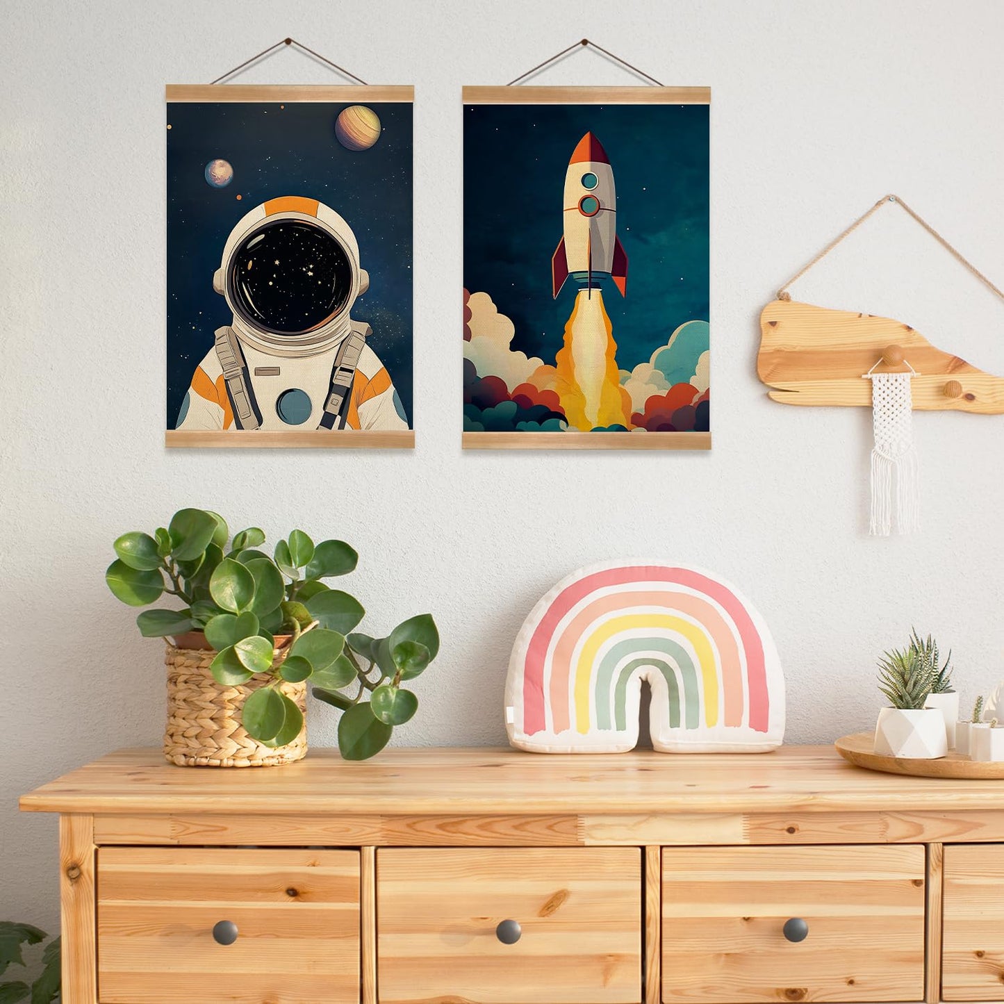 Astronauts and Rockets Poster Wall Art set of 2, Universe Wall Decor Wood Hanger, Spaceship Classroom Decor, Outer Space Planets Poster for Boys and Girls Nursery, Bedroom, Playroom, Toddler Room Decoration (Space travel-02)