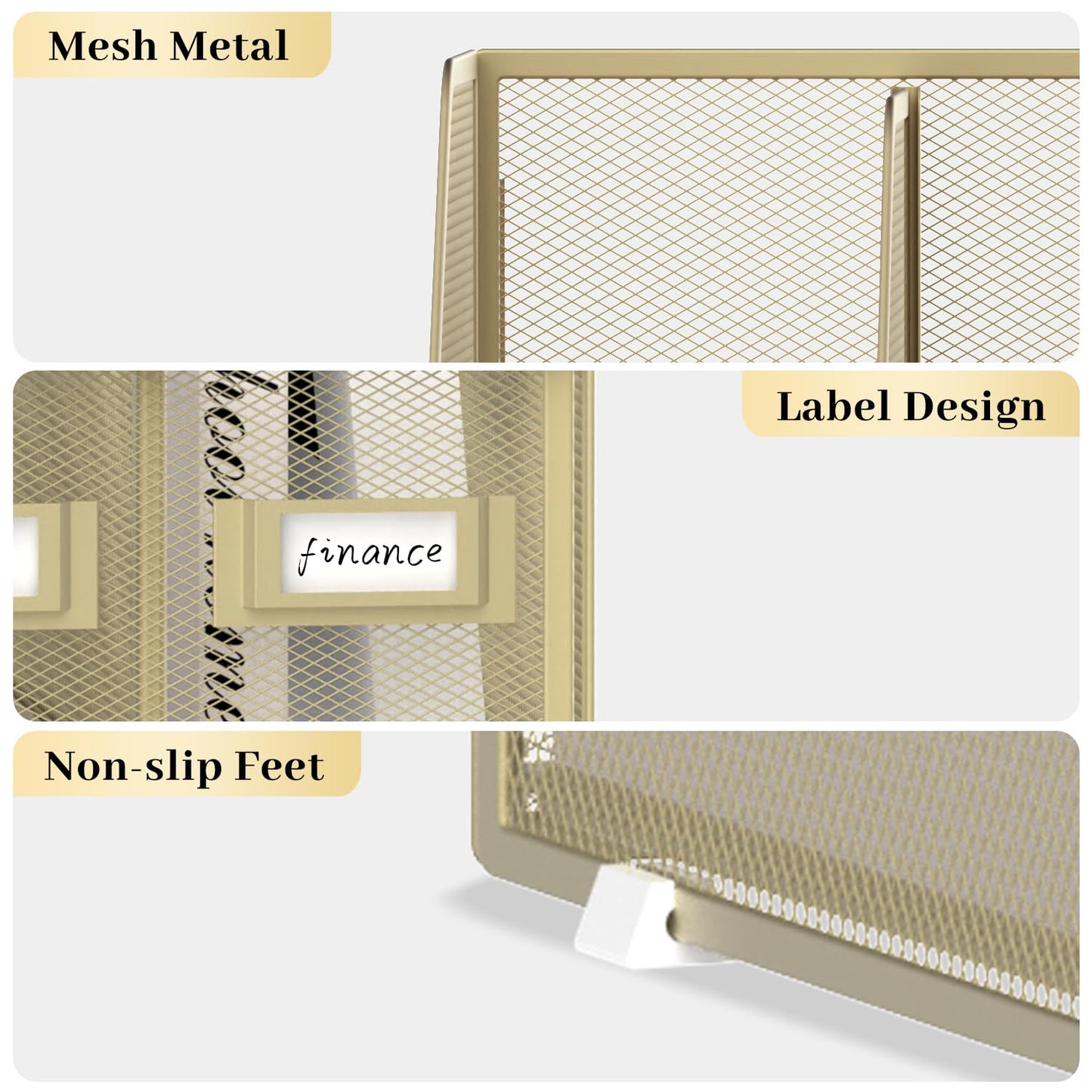 SUPEASY Desk Organizers Metal Desk Magazine File Holder with 5 Vertical Compartments Rack File Organizer for Office Desktop, Classroom, Home Workspace, Golden Yellow