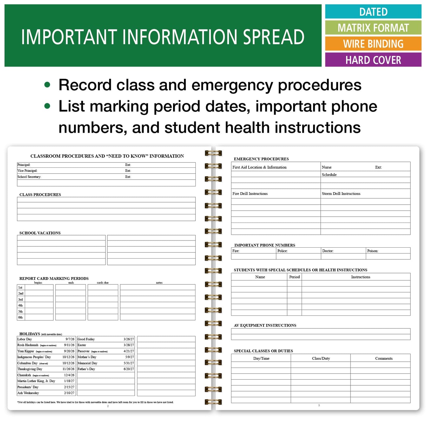 Elan Publishing Company HARDCOVER 7 Period Dated Teacher Lesson Plan; Days Horizontally Across The Top Dated for 2026-2027 Academic Year with Bonus Clip-in Bookmark (Tree Seasons)