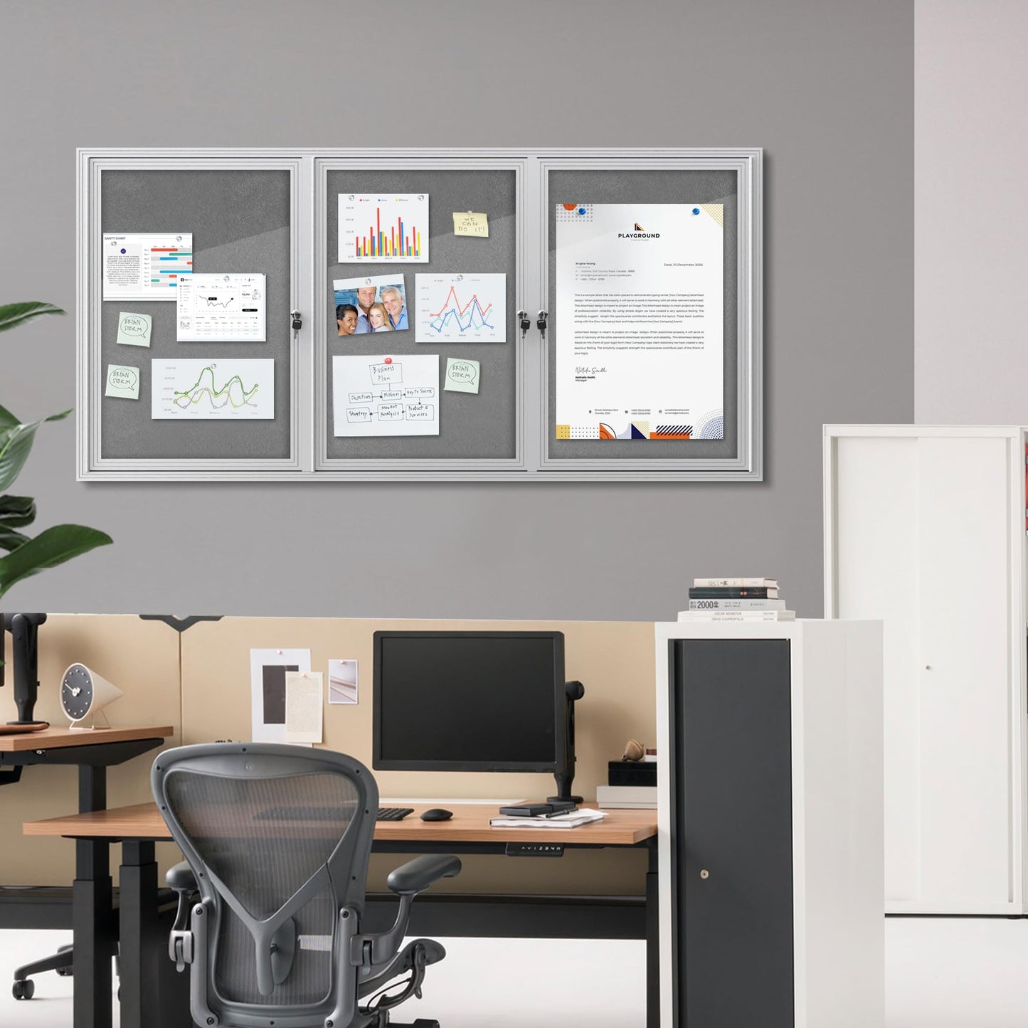 Mifuro 70"x34" Enclosed Bulletin Board, Outdoor Lockable Weather-Resistant Aluminum Cork Noticeboard for School & Office, Silver Frame w/Grey Flet