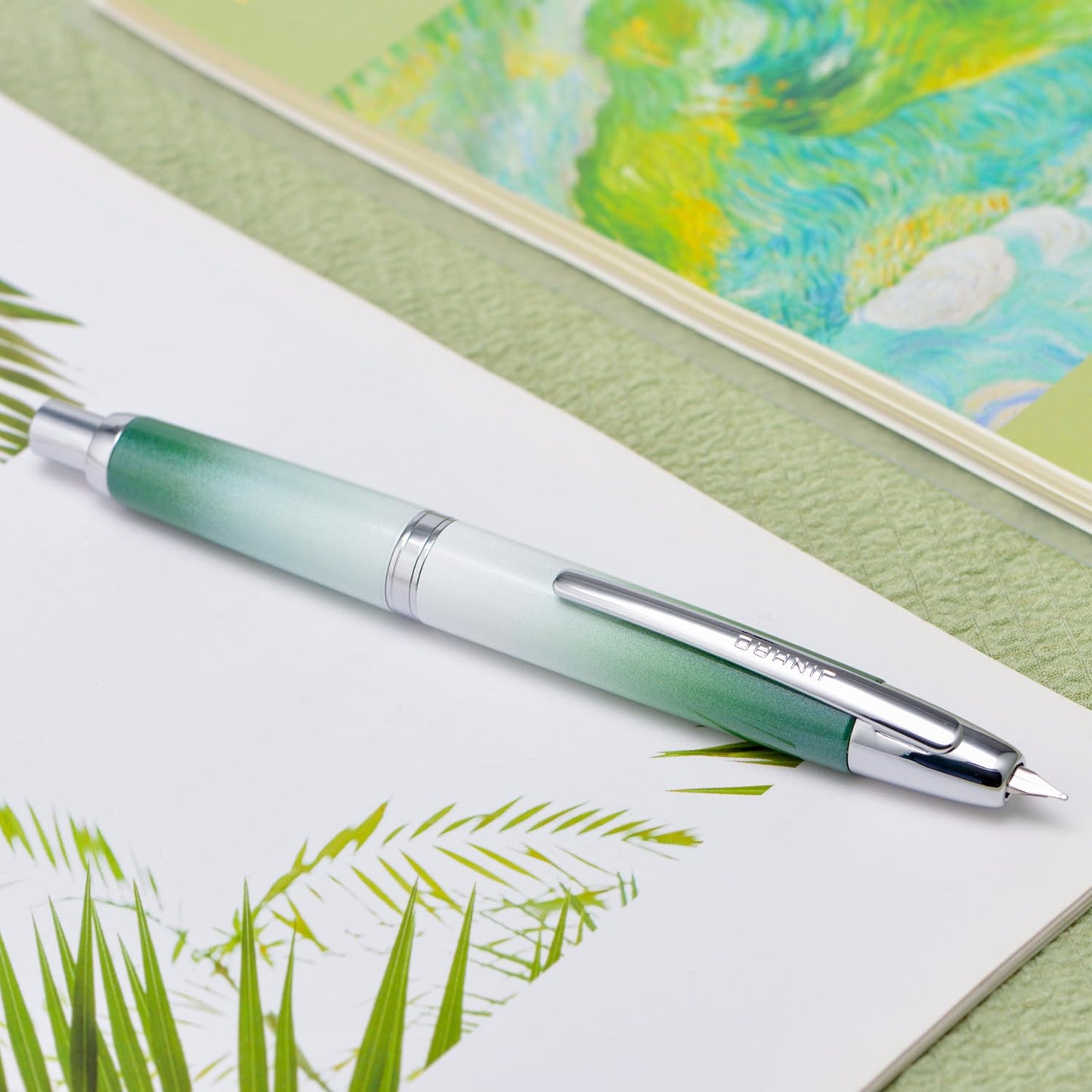 Jinhao 10 Press Fountain Pen with Box, Gradient Grass Green Retractable Extra Fine Nib with Ink Converter Set (Silver Clip)