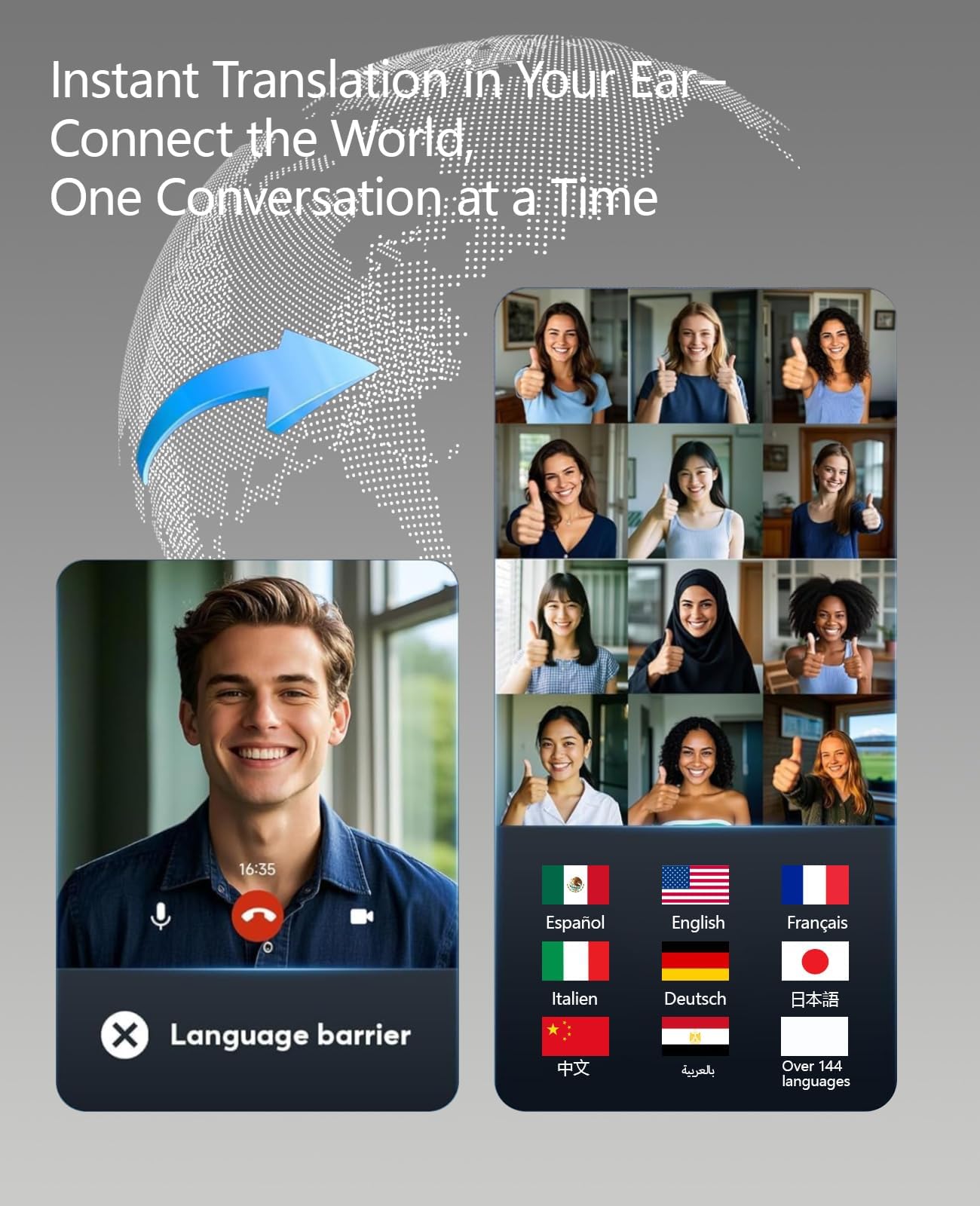 AI Real-Time Translation Earbuds, 144 Languages & Accents, 0.5s Fast Response, 98% Accuracy Language Translator Device for Travel, Business & Learning, Wireless Bluetooth Translator Headset