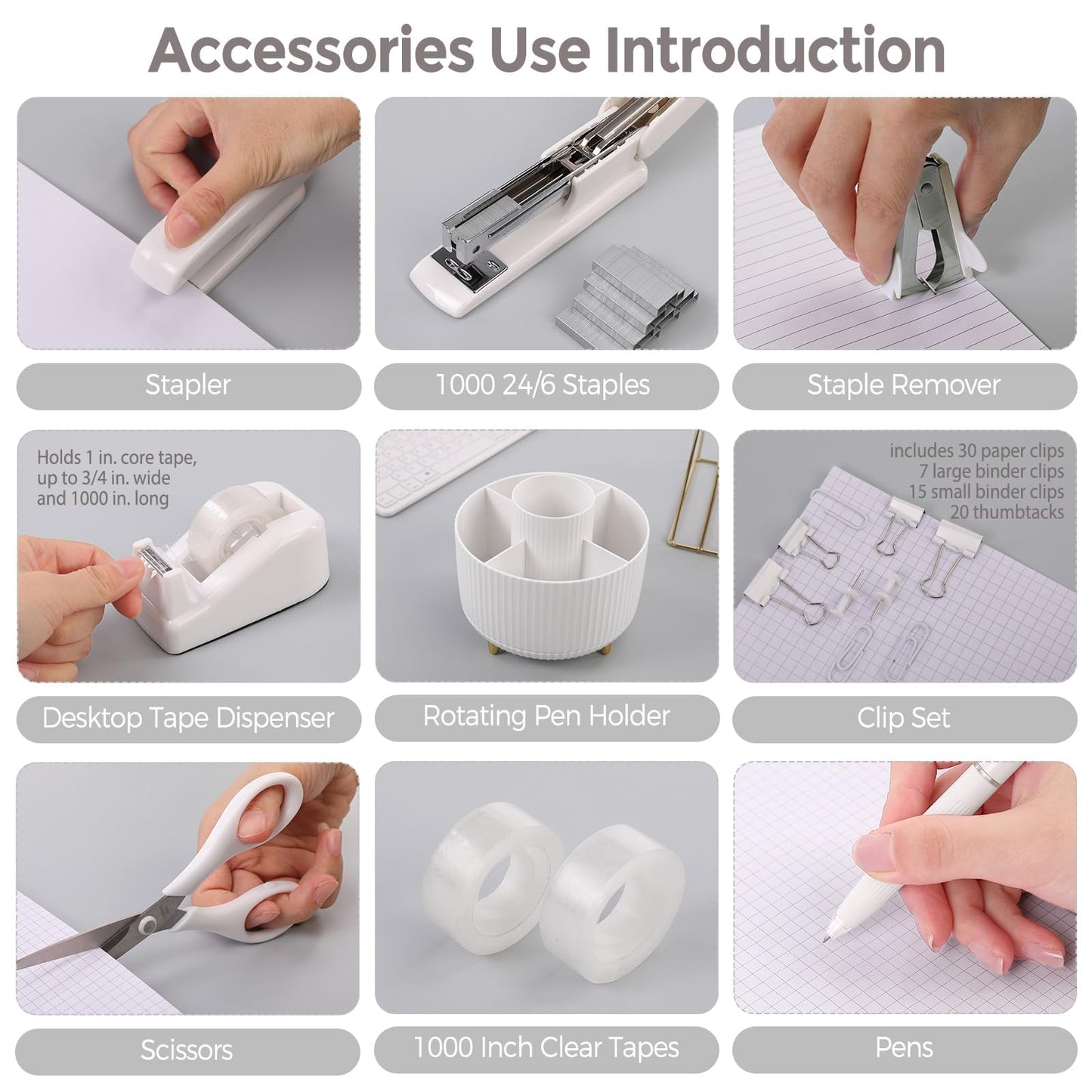 SKYDUE White Office Supplies Set, Office Desk Accessories 10PCS, Pencil Holder for Desk, Stapler, Tape Dispenser, Scissors, Ruler, Binder/Paper Clips and 1000pcs Staples,Desk Supplies Set