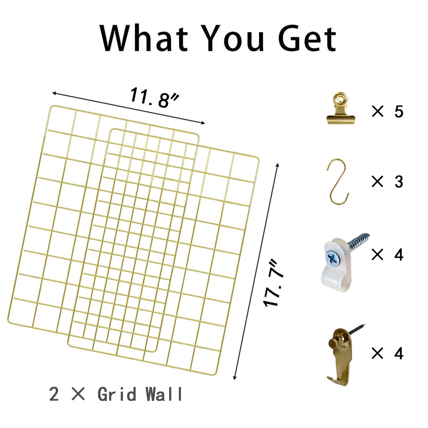FRIADE Wall Grid Panel for Photo Display,Wall Storage Organizer,5 Metal Clips & 3 S Hooks & 4 Nails & 4 Plastic Hanging Buckles and 4 Screws Offered,Size 17.5" x 11.8",2 Pack(Gold)