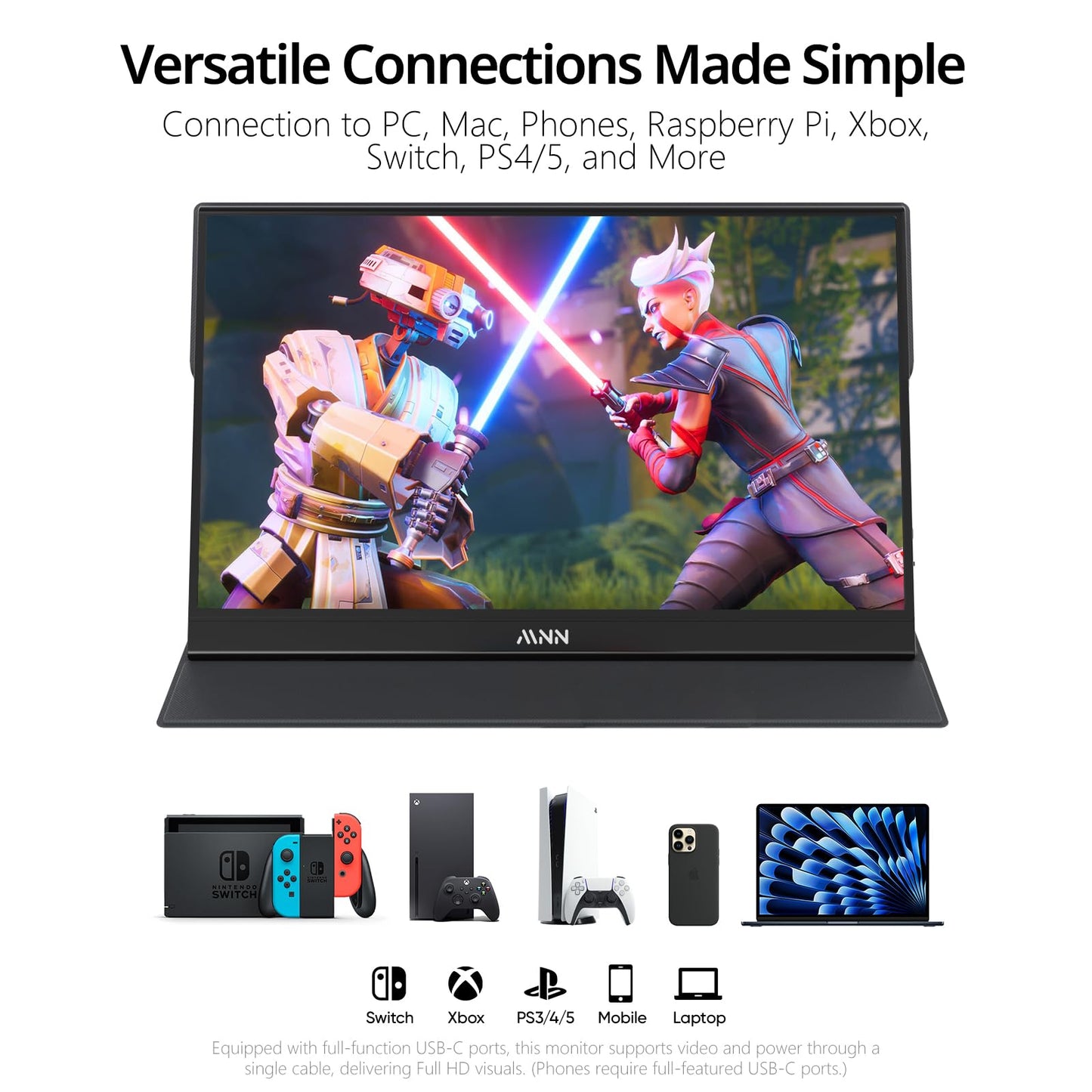 MNN Portable Monitor 15.6inch FHD 1080P 60Hz USB C HDMI Gaming Ultra-Slim IPS Display w/Smart Cover & Speakers,HDR Plug&Play, External Monitor for Laptop PC Phone Mac (15.6'' 1080P)
