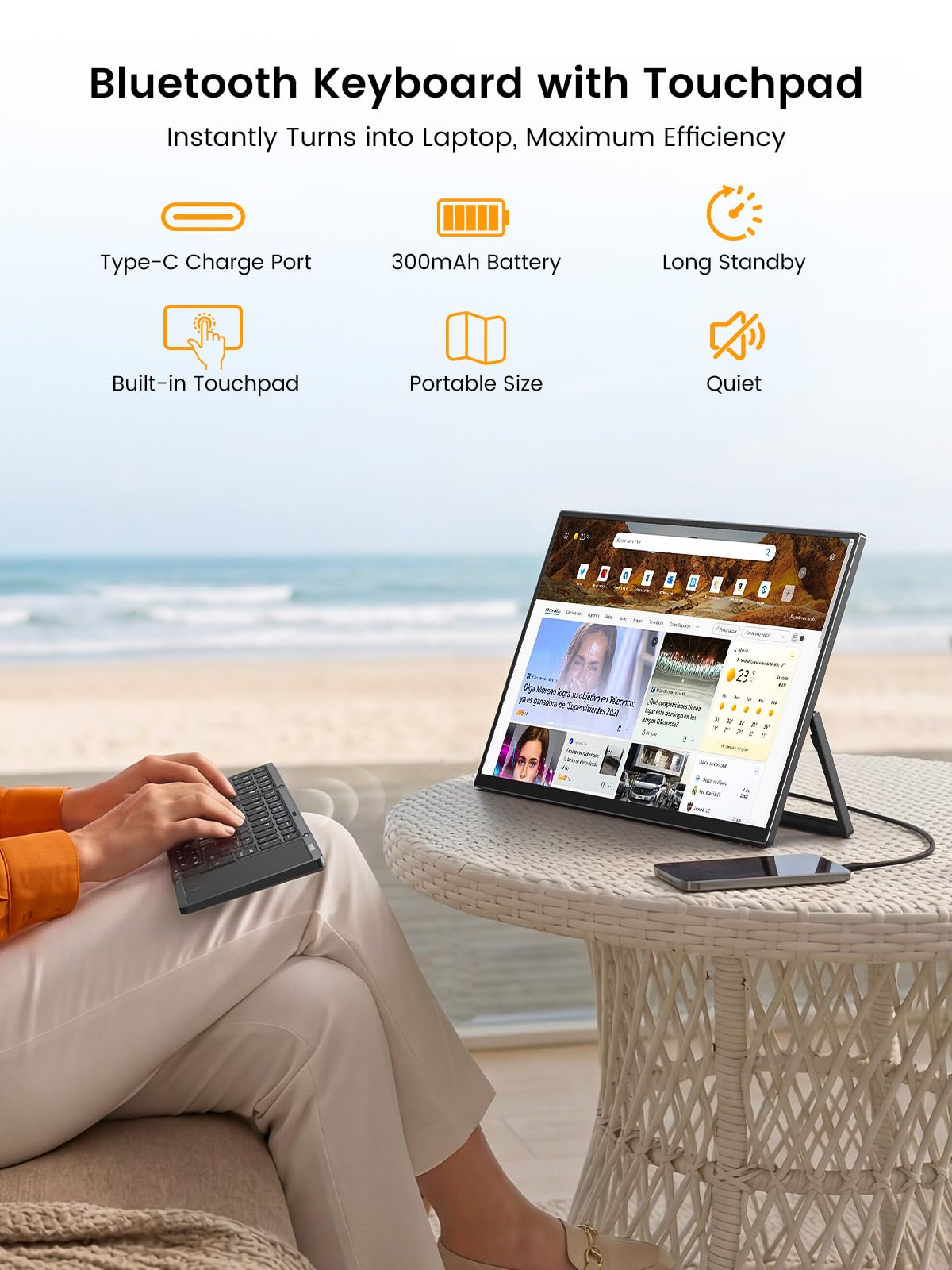 UPERFECT Portable Monitor Touchscreen 15.6'', Laptop Monitor with Bluetooth Keyboard, Built-in 8000mAh Battery | Adjustable Stand | Speakers, Ultra-Slim External Screen for Phone, Game Console