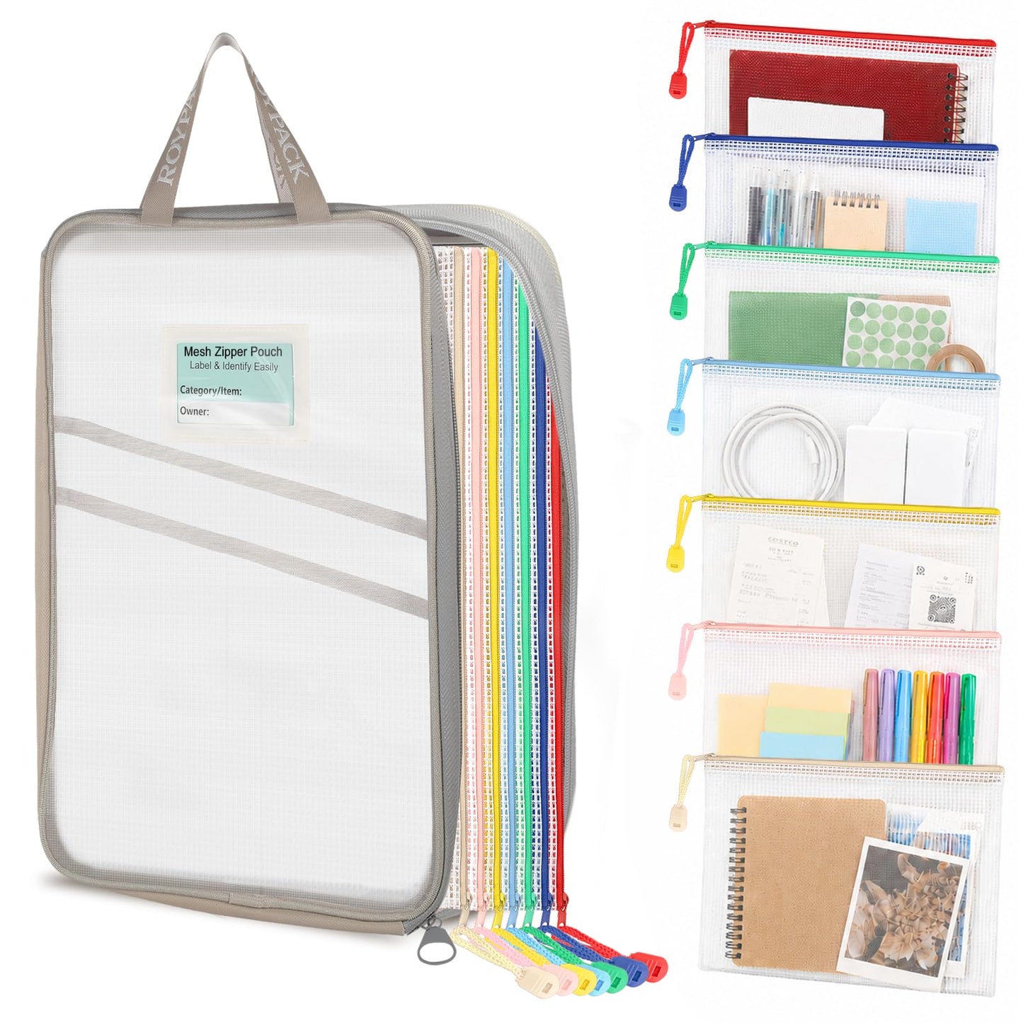 ROYPACK 7 Pack PVC Mesh Zipper Pouch Set with 1 Organizer Bag A4/Letter Size Translucent File Bags Water-Resistant Plastic Document Pouches for Office College School & Travel Supplies (8pcs)