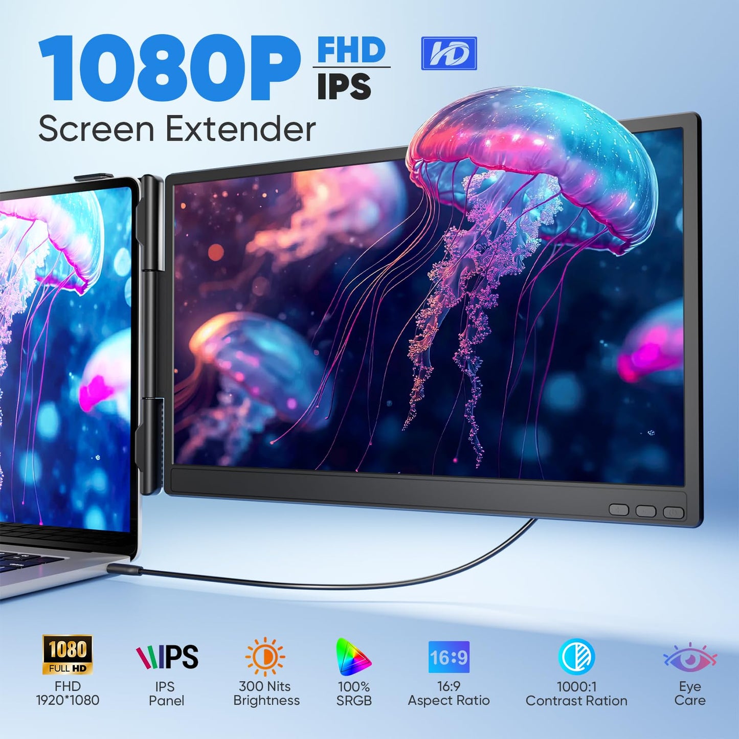 Laptop Screen Extender, 14” FHD 1080P Portable Monitor for Laptop, 0.27" Ultra-Thin Display with 100% sRGB, Dual Screen Extender for 13–17” Laptops, Plug & Play for Windows/Mac/Chrome/Android