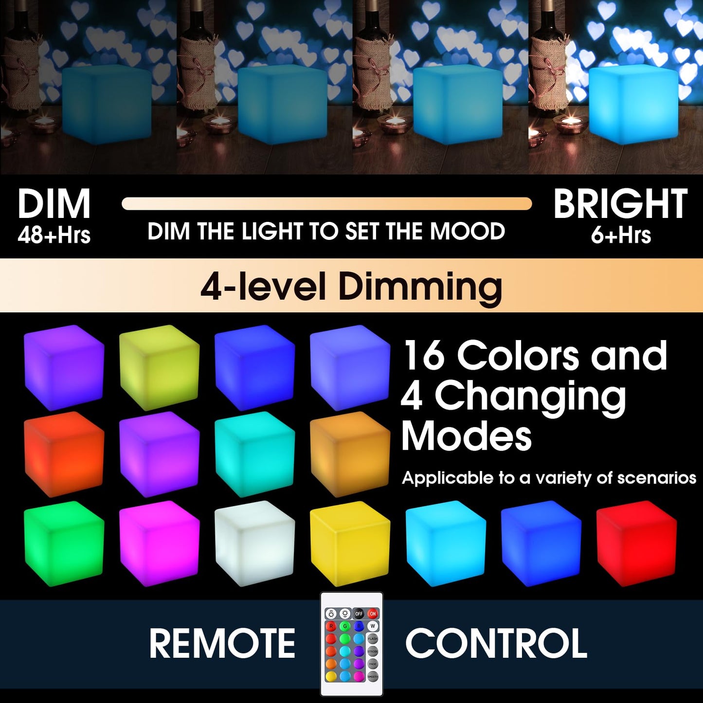 Frienda LED Mood Lamp, Waterproof Light Up Cube, 16 Colors, 4 Inch, White, Model FR-Frienda-7821