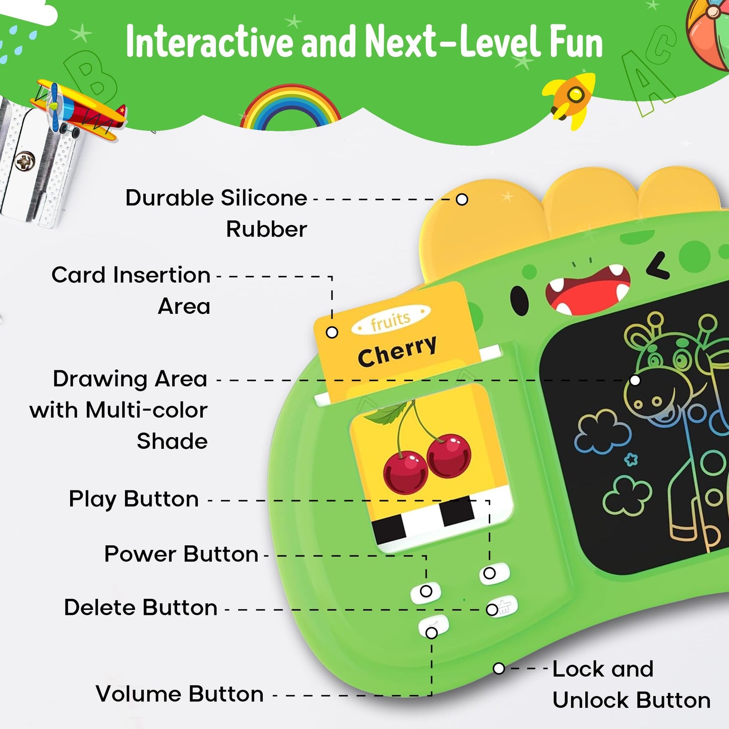 Henry & Colin Smart Talking Flash Cards Reader with LCD Writing Drawing Tablet Card for Kids – Colorful Drawing Pad, Educational Toy, Reusable Board, Travel Essential for Boys & Girls (Green)