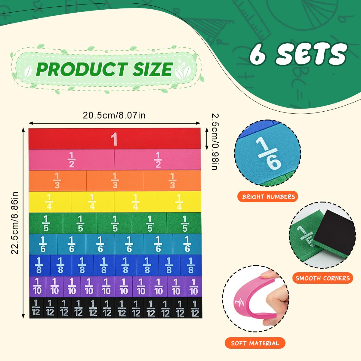 6 Sets Magnetic Fraction Tiles for Classroom EVA Foam Manipulatives CCSS, STEM, ASTM Rainbow Fraction Tiles Math Learning Manipulatives Set Fraction Bars for Preschool Elementary School