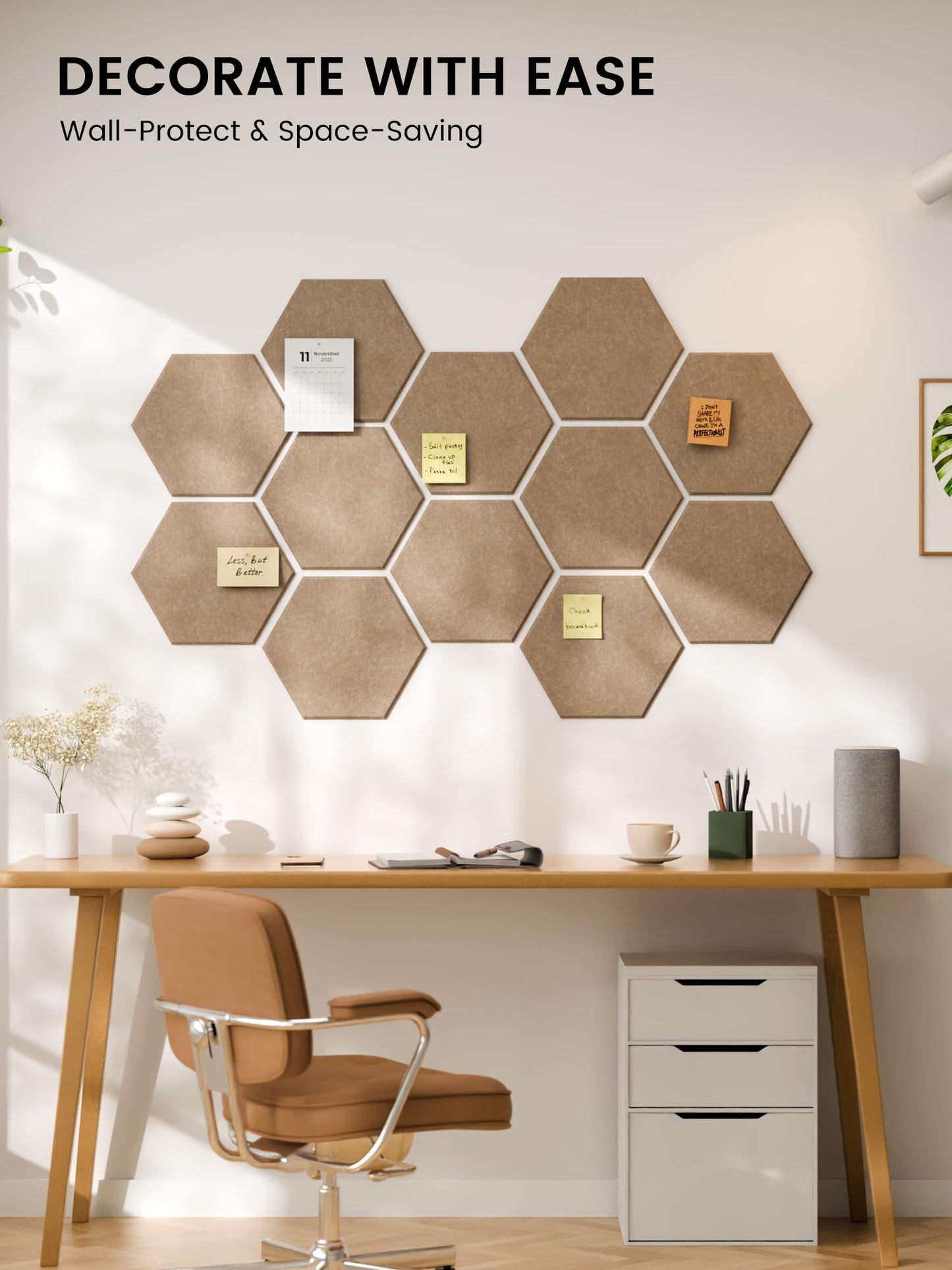 Fluxynara Hexagon Cork Board Alternative for Walls Decor-12-Pack Felt Bulletin Board Tiles,with 30 Pushpins,70 Adhesive Tabs for Office,Classrooms & Home Pin Board Felt Board-Taupe