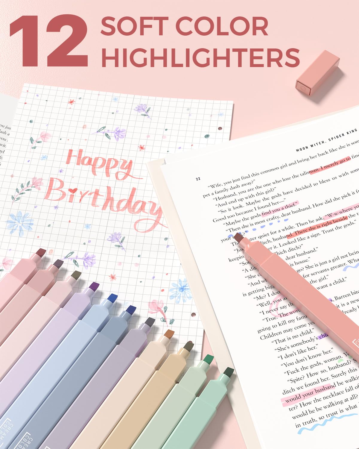 Four Candies 56 PCS Stationery Set, Cute Storage Case with Supplies, 6 Multicolor Pens, 12 Pastel Highlighters, 5 Gel Pens Black Ink, 9 Mechanical Pencils for College Essentials Stuff (Pink)