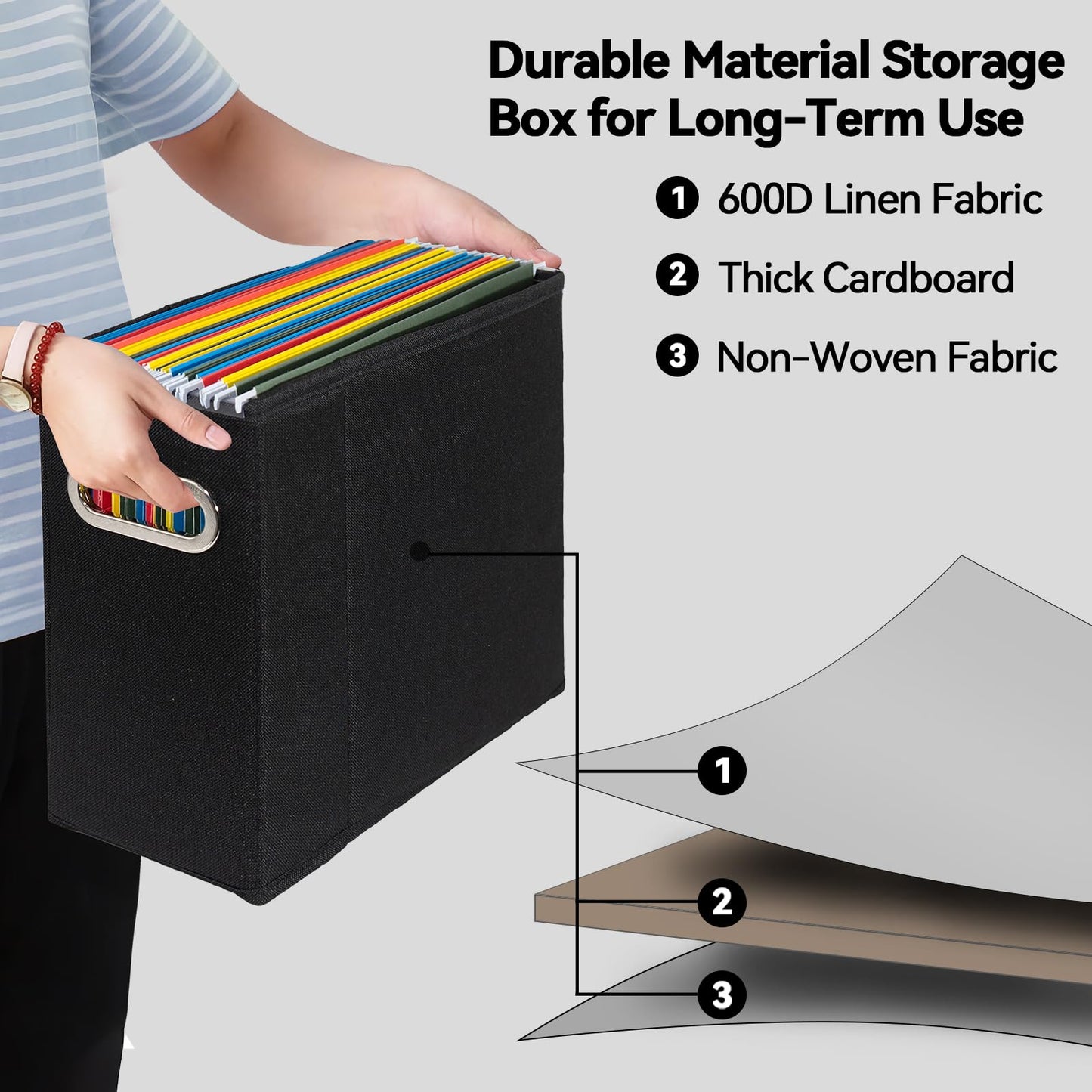 ComfortKeeper 4 Packs Letter Size File Organizer, File Folders Organizer, Fabric Storage Box, Collapsible Paper Organizer with Metal Handle, Smooth PVC Rails, Only Box (Black)
