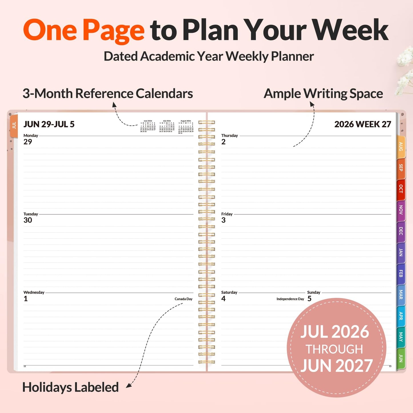 SUNEE Academic Planner 2026-2027 – Weekly & Monthly Planner, July 2026 to June 2027, 8.5"x11", Thick Paper, Tabs, Pockets, Bookmark, Spiral-Bound, Student Teacher Organizer, Blushing Abstract Breeze