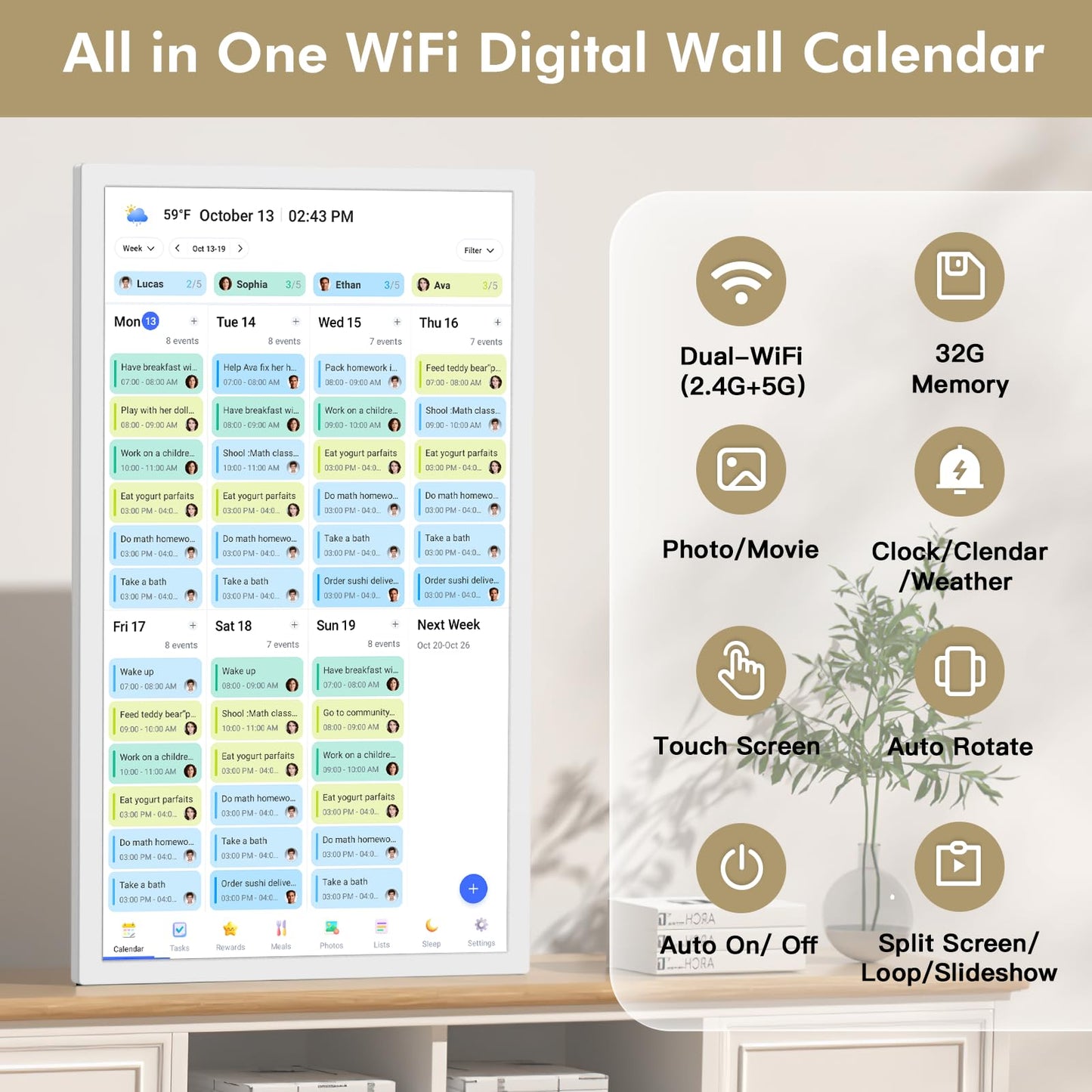 27" Smart Digital Calendar for-Family-Meal-Planner - Electronic Wall Calendar for Business Chore Chort, HD Touchscreen Display, Star Rewards, Sync Online Calendars, Desk Mountable, Gifts for Mom Dad