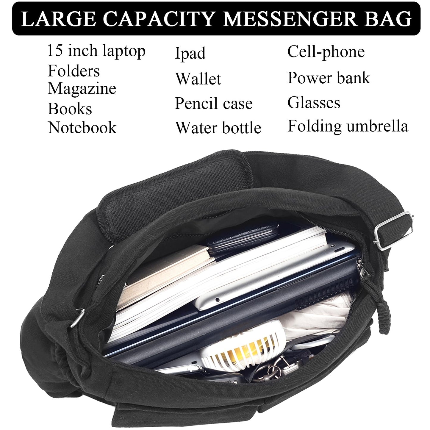 High Density Canvas Messenger Bag for Men/Women, 15 Inch Crossbody Shoulder Bag, Large Tote Bag for College/Travel/Work Daily Use（Black）