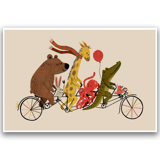Nursery Poster Cute Animal Picture Funny Animal Wall Art Nursery Decor Cute Bikers Art Print Colorful Animals Bicycle Gathering 16x24Inch Unframed Poster for Kids Room Boys and Girls Room Baby Room