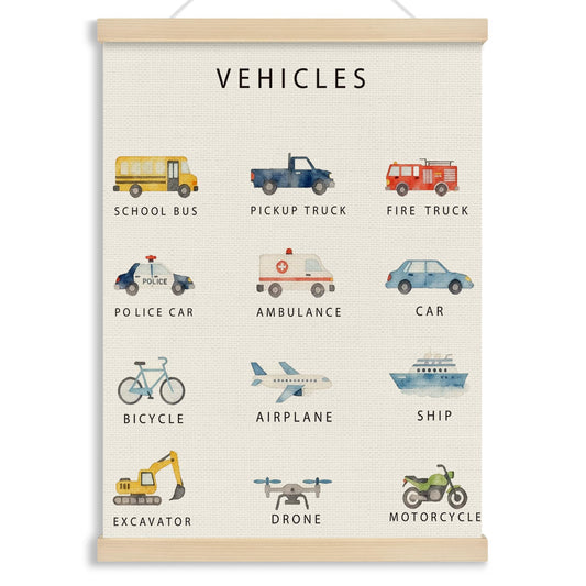 MOTERMATE Vehicle Classroom Poster Hanger Frame, Boy Nursery Wall Hanging Decor Art Framed for Toddler Kids Boys Room Bedroom Playroom Classroom, Transport Vehicle Wall Poster Prints, 12x16 Inch