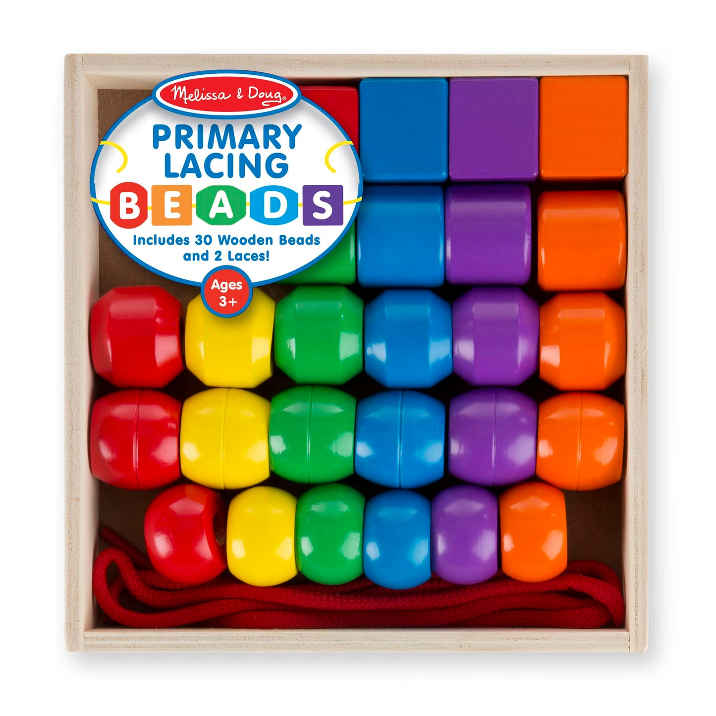 Melissa & Doug Primary Lacing Beads - Educational Toy with 30 Wooden Beads and 2 Laces for Toddlers, Fine Motor Skills Lacing Toys for Toddlers and Kids Ages 3+