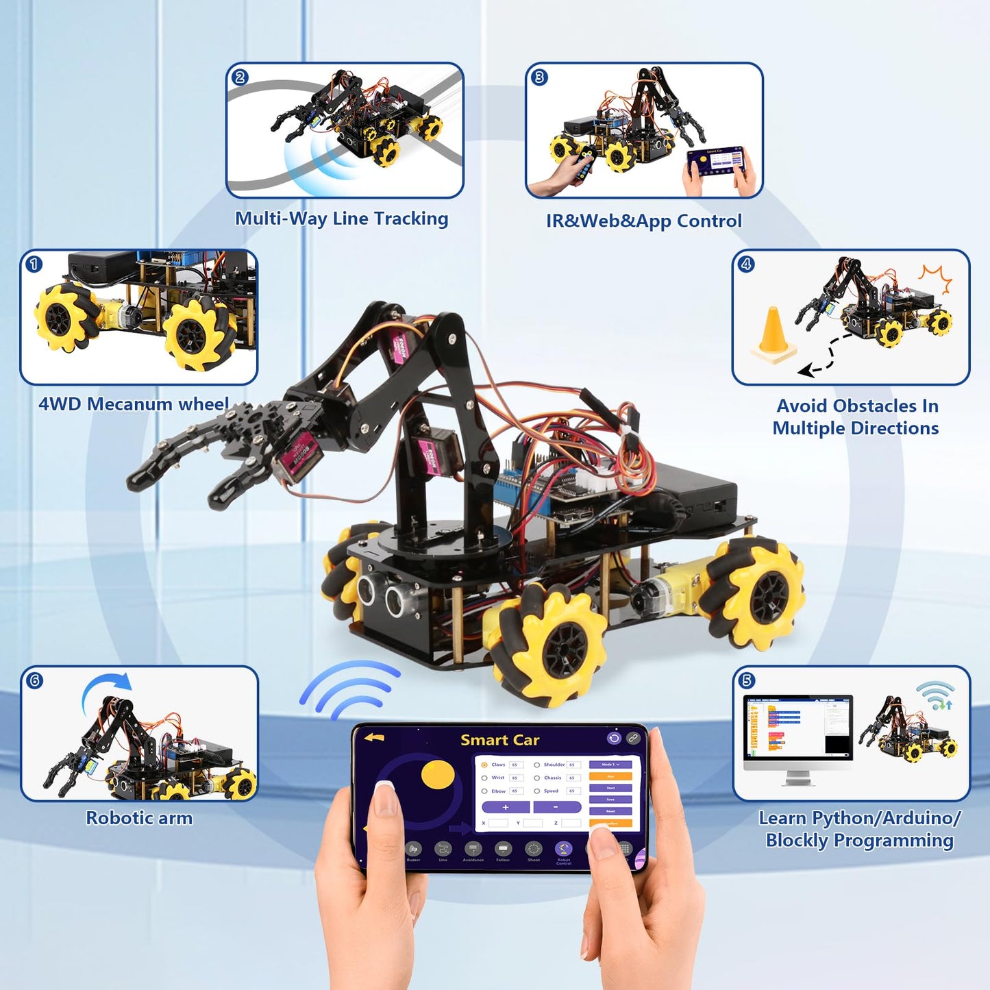 ACEBOTT 5DOF Smart Robot Arm Car Kit, 4WD Remote Control Car Compatible with Arduino/Python/Blockly Programming Project/STEM Education/Science Coding Kit for 12+ Teens and Adults Unique Gifts