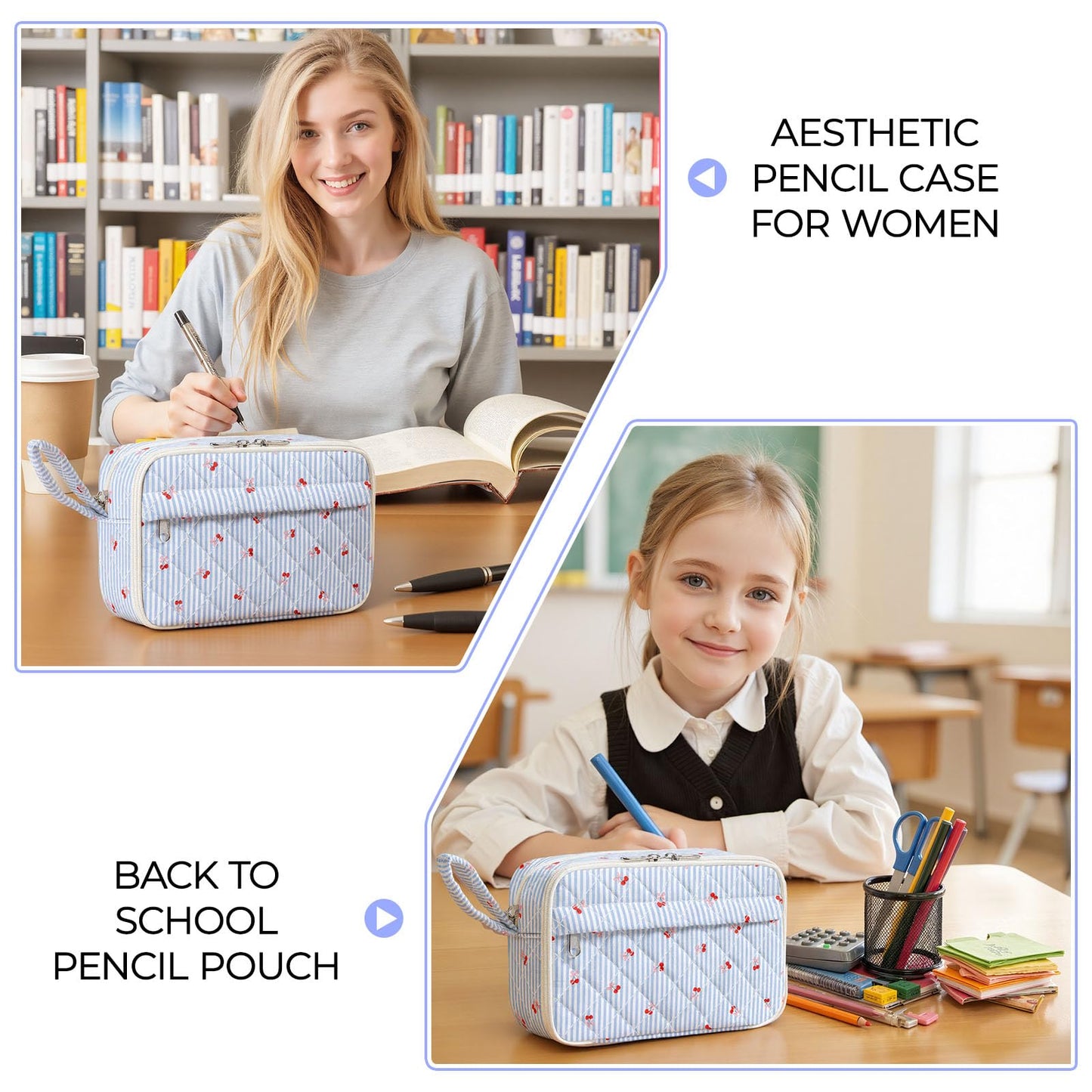 WOBAGMEN Quilted Pencil Pouch for Girls Women, Large Pencil Case Pouch with Compartments Cute Aesthetic Pencil Case Organizer, Floral Pencil Bag for School Supplies (Striped Cherry)