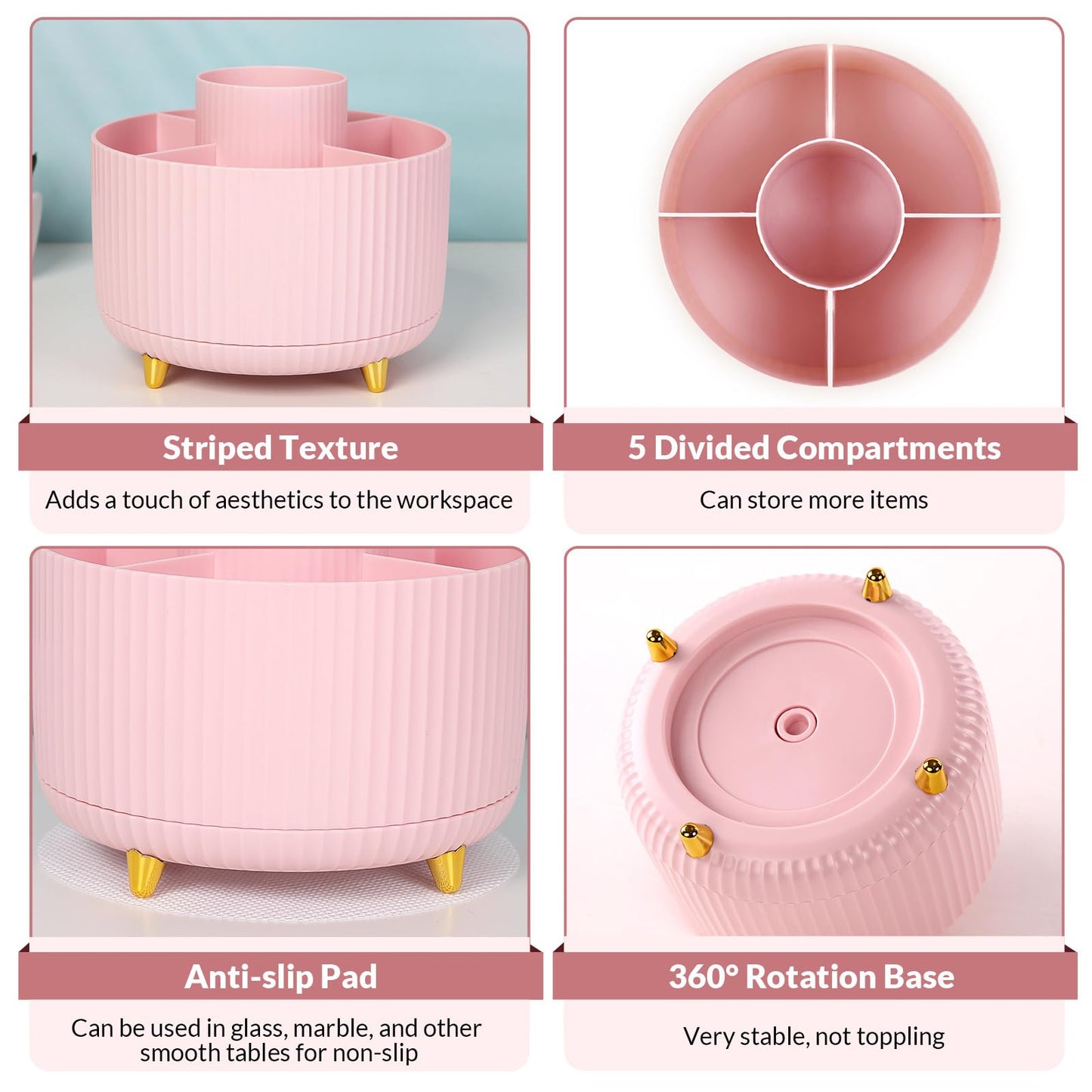SKYDUE 360 Rotating Multipurpose Organizer - Cute Rotating Pen Holder with 5 Slots for Art Supplies, Office, School, Home