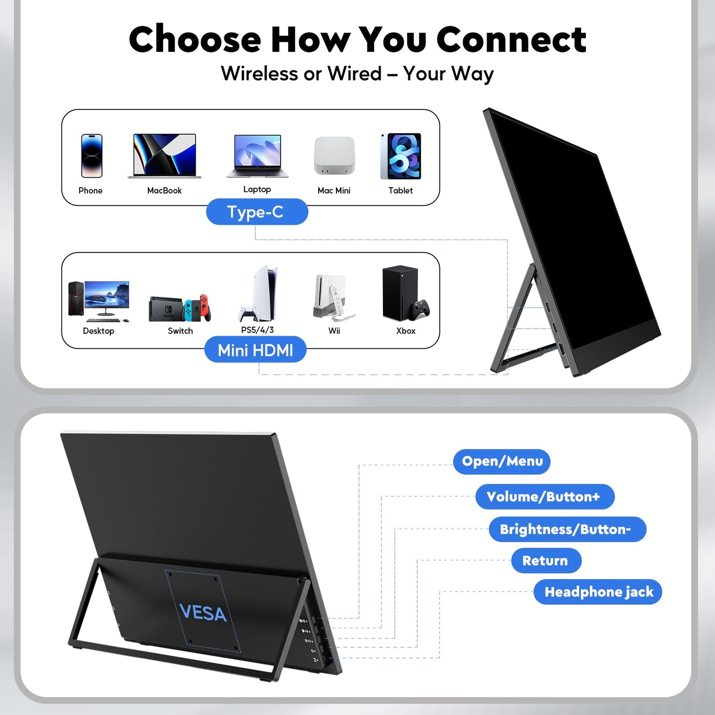 16" 2.5K Wireless Portable Monitor with Battery 8000mAh, 500 Nits HDR Display, 125% sRGB, USB-C / Mini HDMI External Travel Monitor, Auto Rotation, VESA Compatible for MacBook, iPhone, iPad, Windows