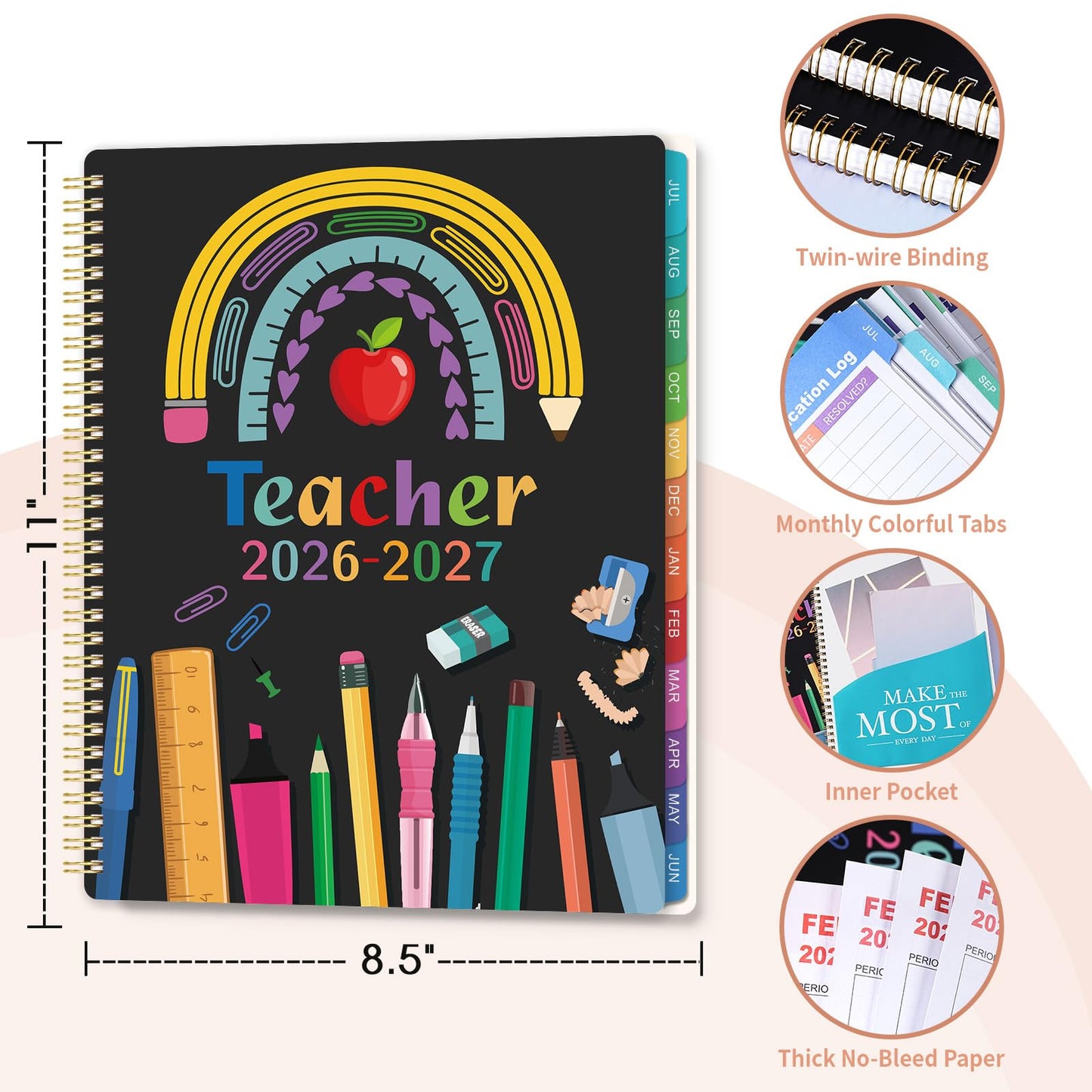 Teacher Planner 2026-2027 - Academic Planner Teacher Lesson Planner 2026-2027, July 2026 - June 2027, 8.5" x 11", Lesson Plan Book, Weekly & Monthly Lesson Calendar with with Colorful Laminated Tabs, Quotes, Inner Pocket