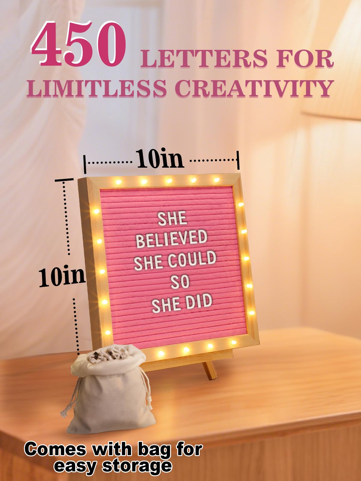 Changeable Felt Letter Board with LED Lights - 10''×10" Message Custom Signs & Wood Stand & 450 Letters, Poster Board for Baby/Pregnancy Announcement/Classroom Wall Decor Gifts, Pink