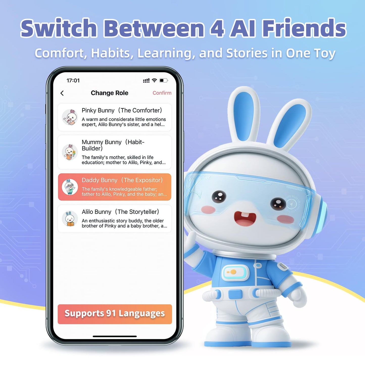 alilo AI Toys for Kids, Smart Companion with Real-Time Voice, 4 Agents & 91 Languages, Preloaded 48 Bunny English/50 Stories/66 Music/28 Lullabies/34 Classical Tunes, Bluetooth Speaker