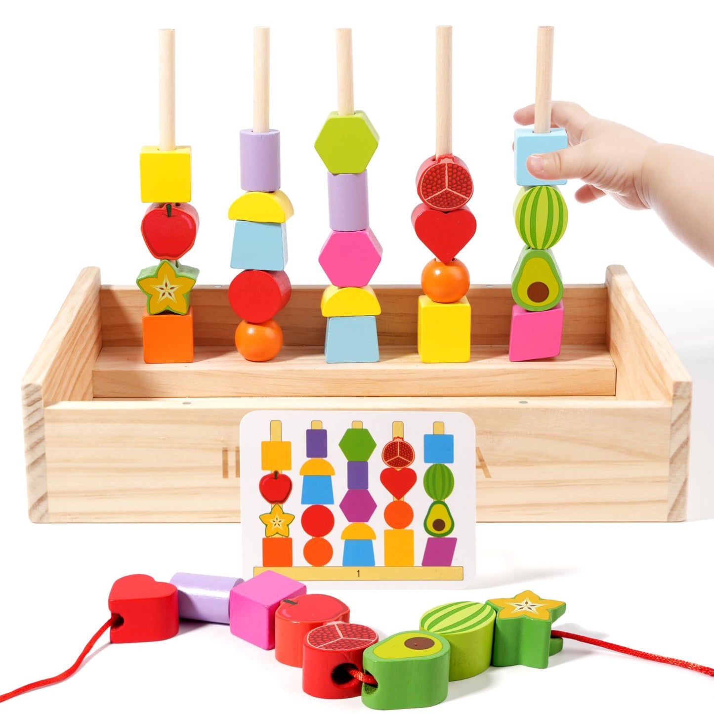 INIFEIDALA Montessori Toys for 3 4 5 Year Old,Stacking Blocks,Lacing Beads & Shape Stacker,Wooden Beads Sequencing Toy Set,Fine Motor Skills & STEM Preschool Learning Gifts for Toddlers Boys & Girls