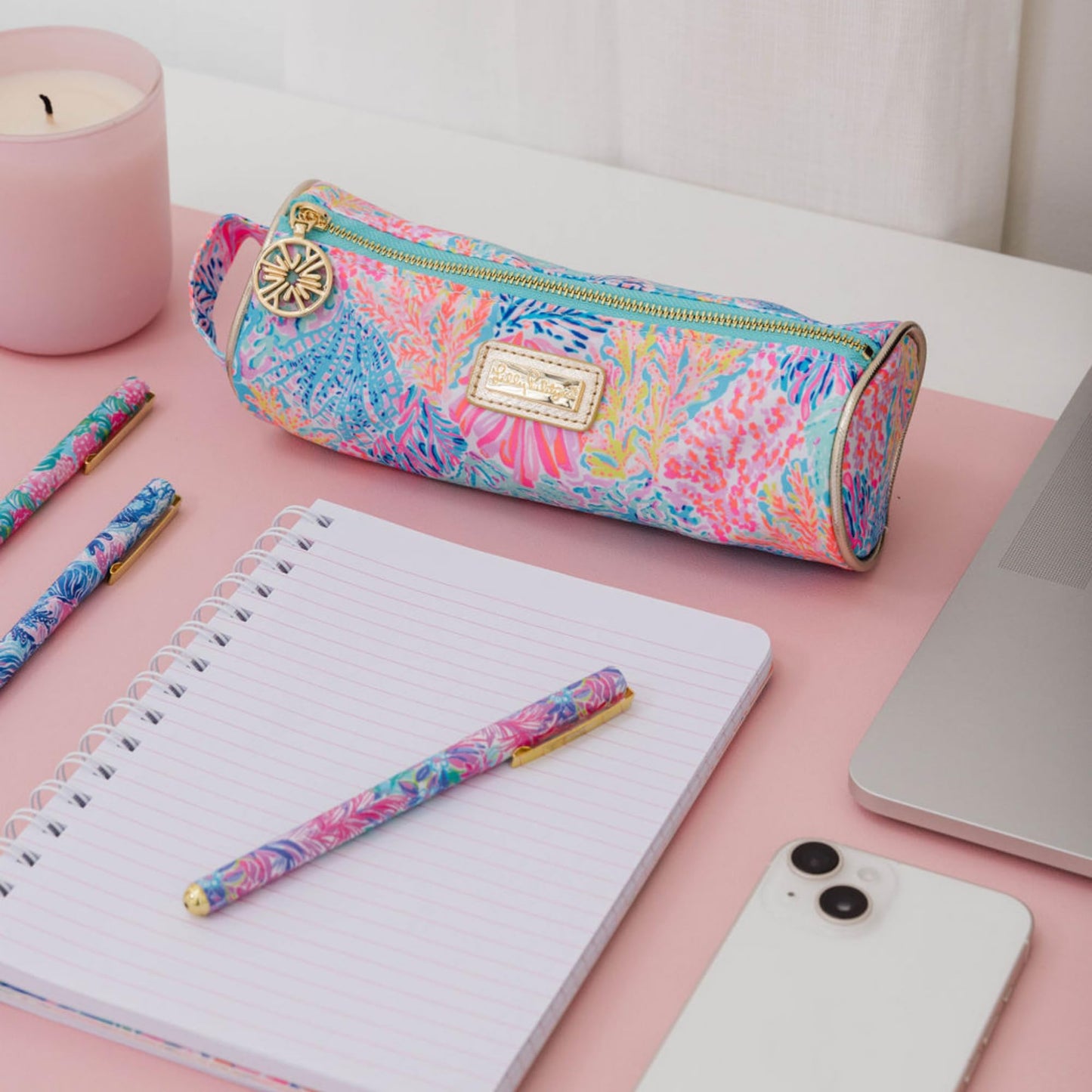 Lilly Pulitzer Cute Pencil Case, Colorful Zipper Pouch for Office Supplies, Small Travel Bag with Carrying Handle, Splashdance